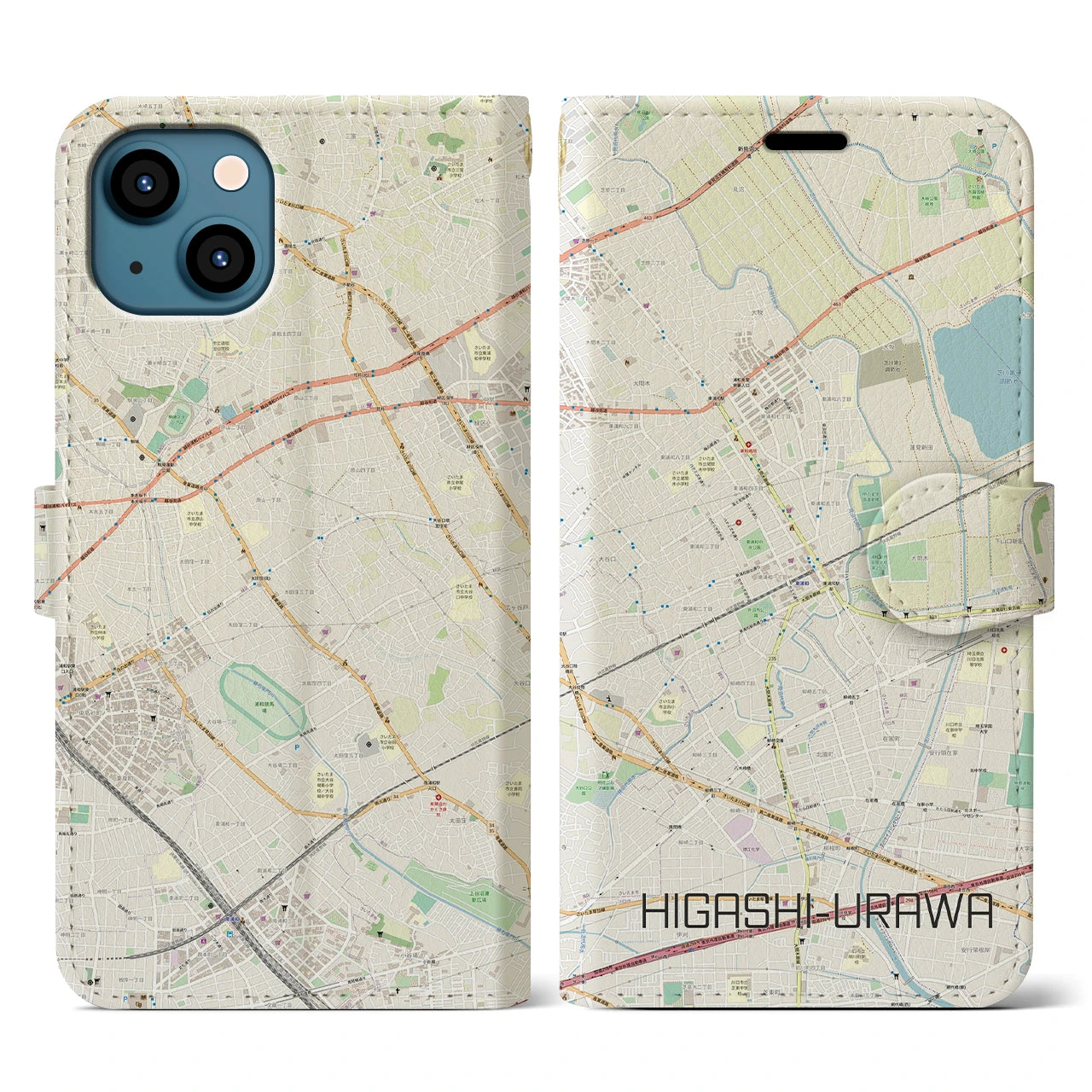 【東浦和(埼玉県)】地図柄iPhoneケース(手帳タイプ)ナチュラル・iPhone 13 用