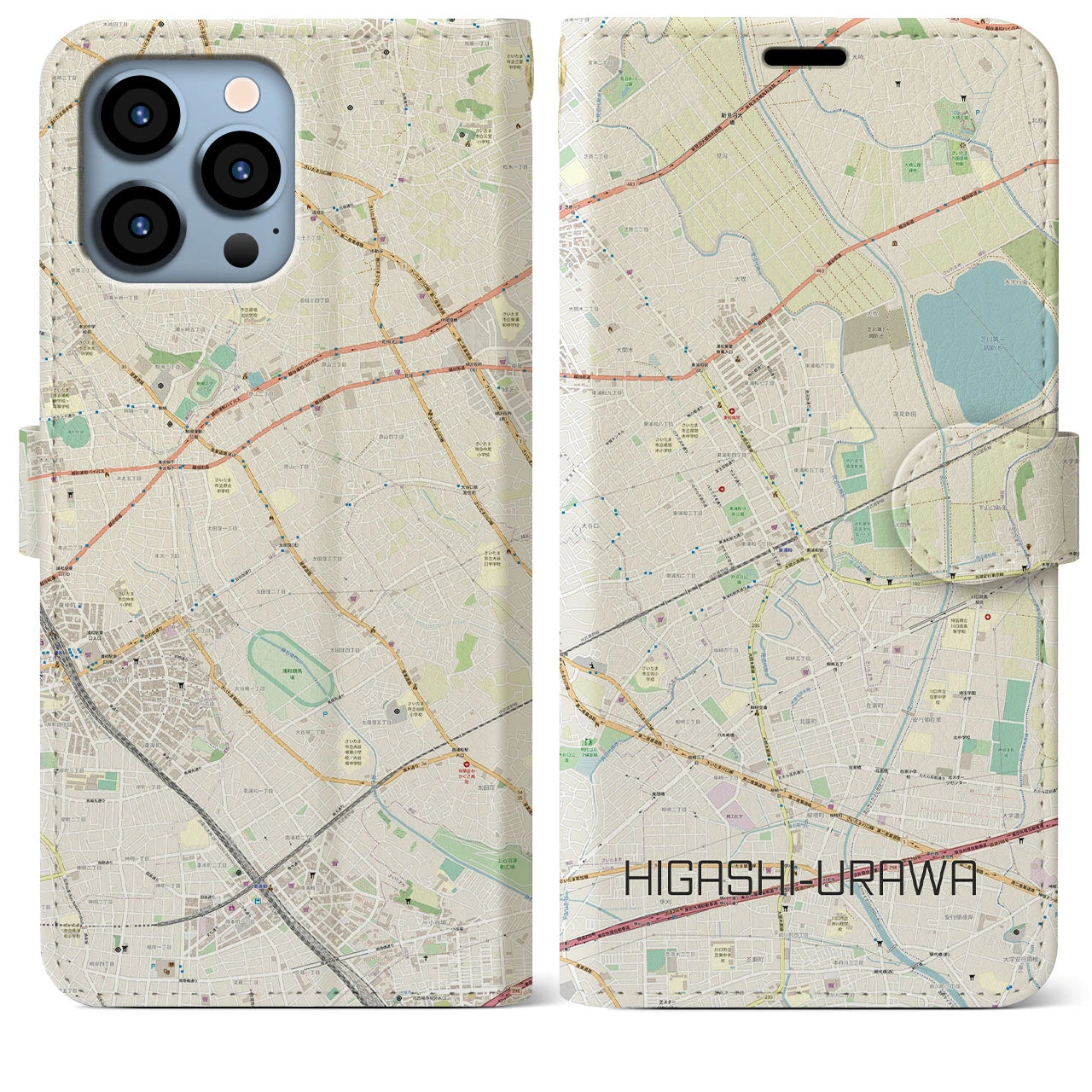 【東浦和(埼玉県)】地図柄iPhoneケース(手帳タイプ)ナチュラル・iPhone 13 Pro Max 用