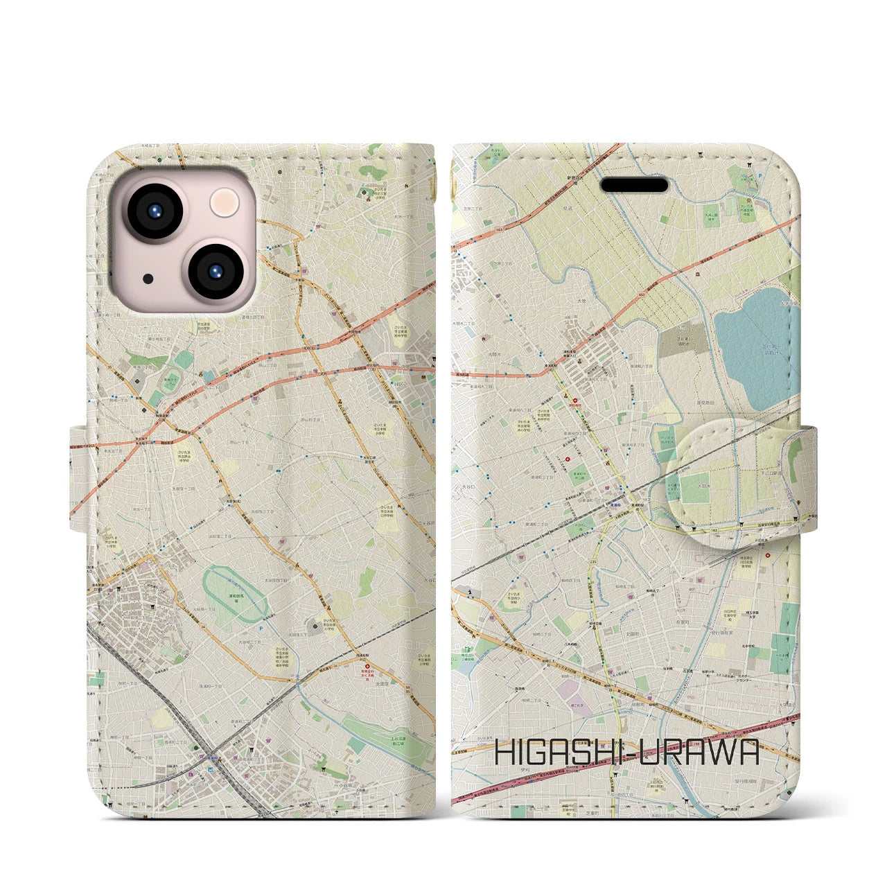 【東浦和(埼玉県)】地図柄iPhoneケース(手帳タイプ)ナチュラル・iPhone 13 mini 用