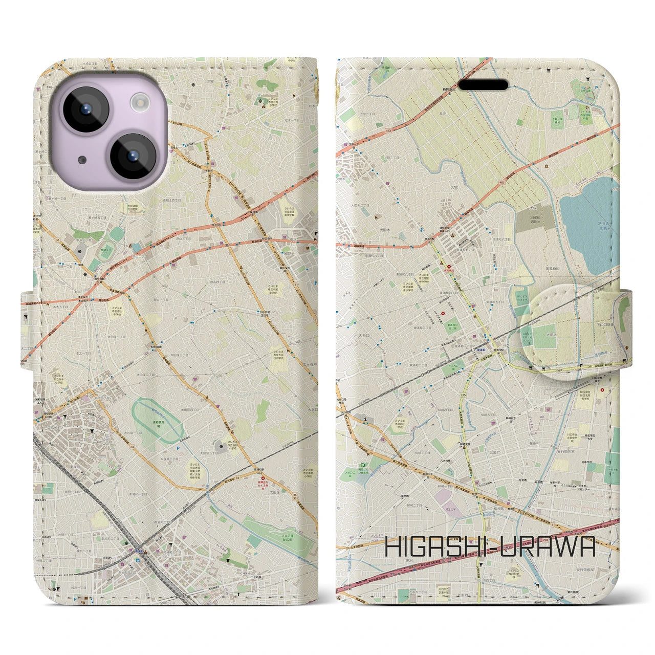 【東浦和(埼玉県)】地図柄iPhoneケース(手帳タイプ)ナチュラル・iPhone 14 用