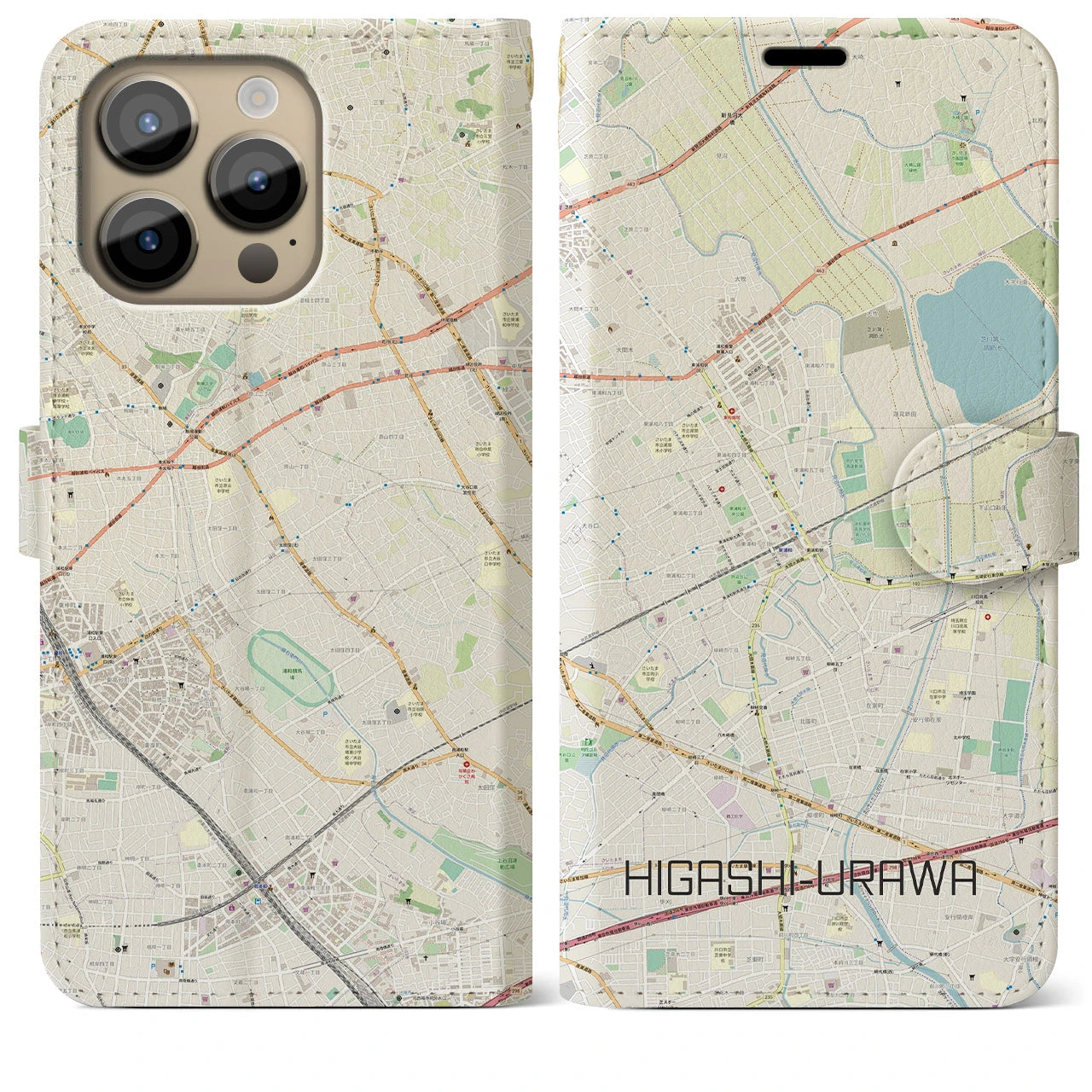 【東浦和(埼玉県)】地図柄iPhoneケース(手帳タイプ)ナチュラル・iPhone 14 Pro Max 用