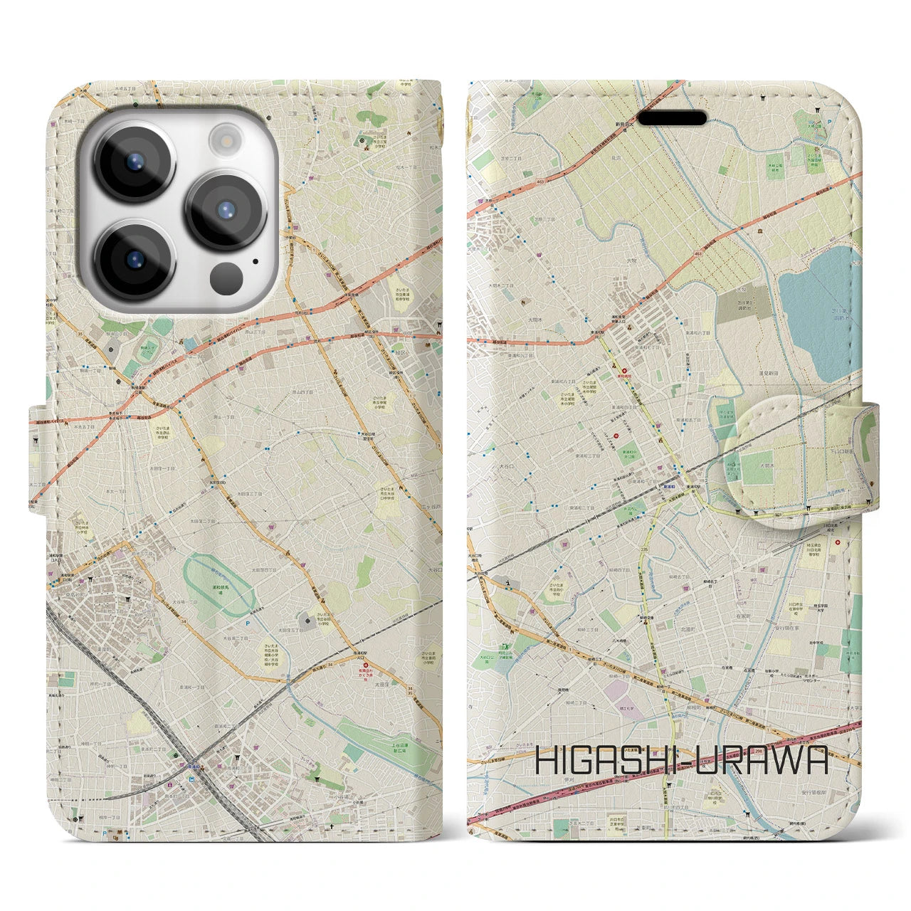 【東浦和(埼玉県)】地図柄iPhoneケース(手帳タイプ)ナチュラル・iPhone 14 Pro 用