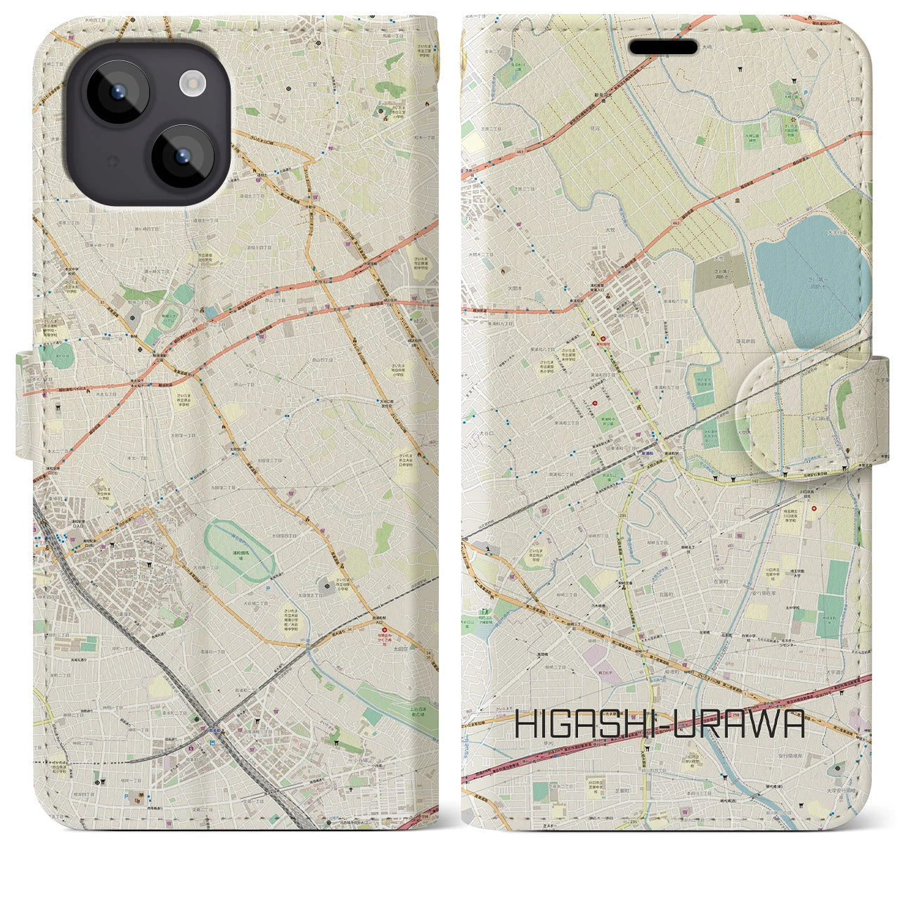 【東浦和(埼玉県)】地図柄iPhoneケース(手帳タイプ)ナチュラル・iPhone 14 Plus 用