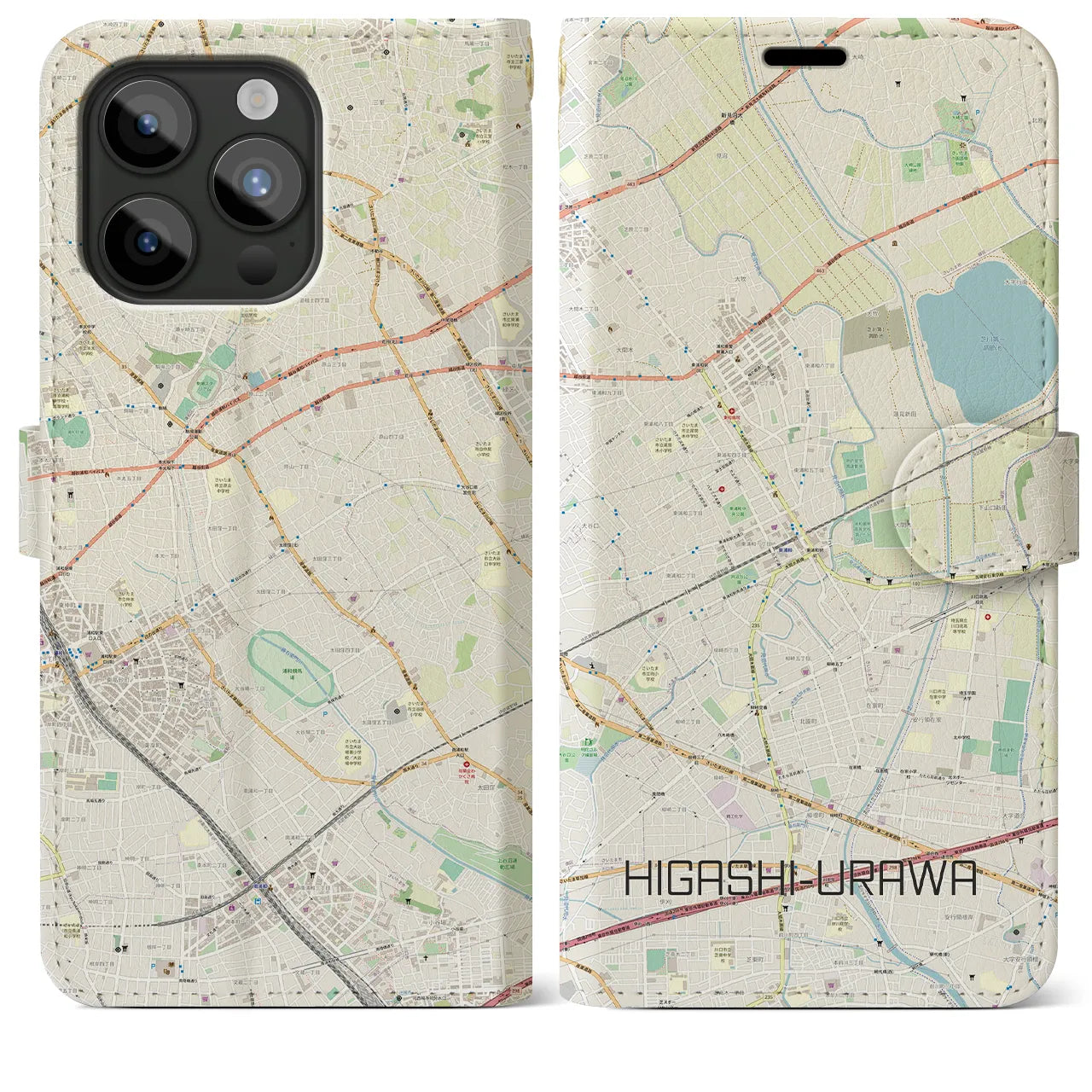 【東浦和(埼玉県)】地図柄iPhoneケース(手帳タイプ)ナチュラル・iPhone 15 Pro Max 用