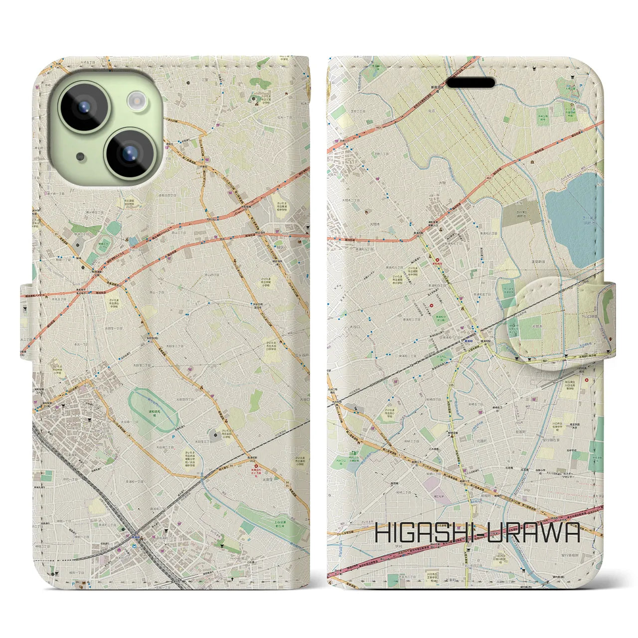 【東浦和(埼玉県)】地図柄iPhoneケース(手帳タイプ)ナチュラル・iPhone 15 用