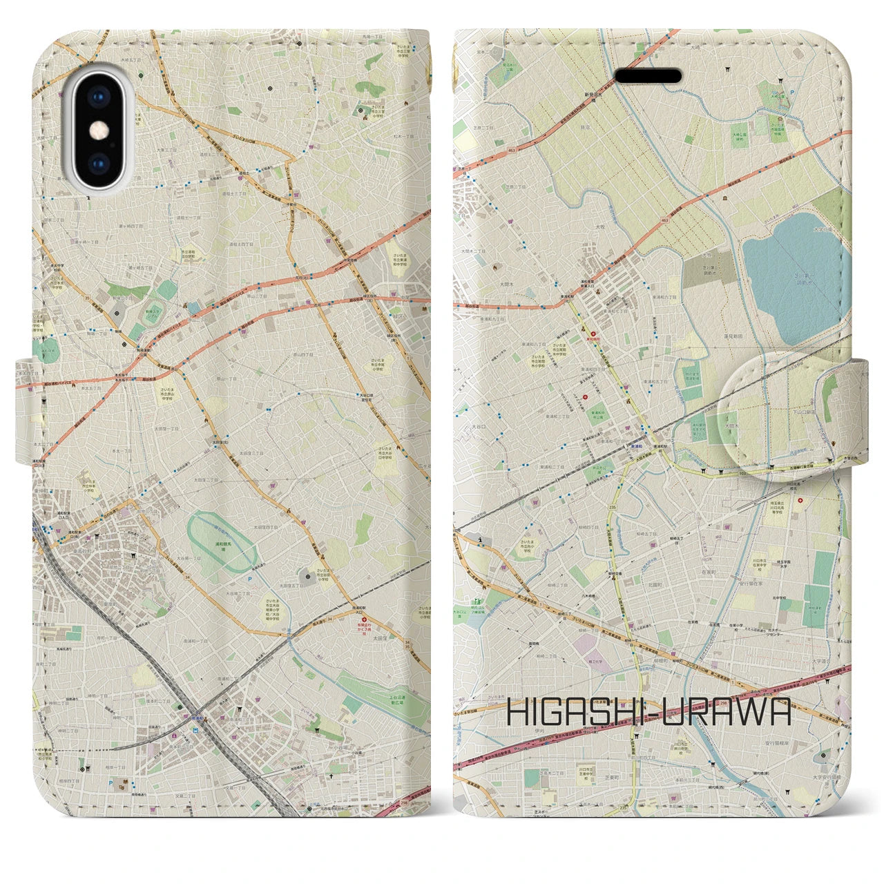 【東浦和(埼玉県)】地図柄iPhoneケース(手帳タイプ)ナチュラル・iPhone XS Max 用