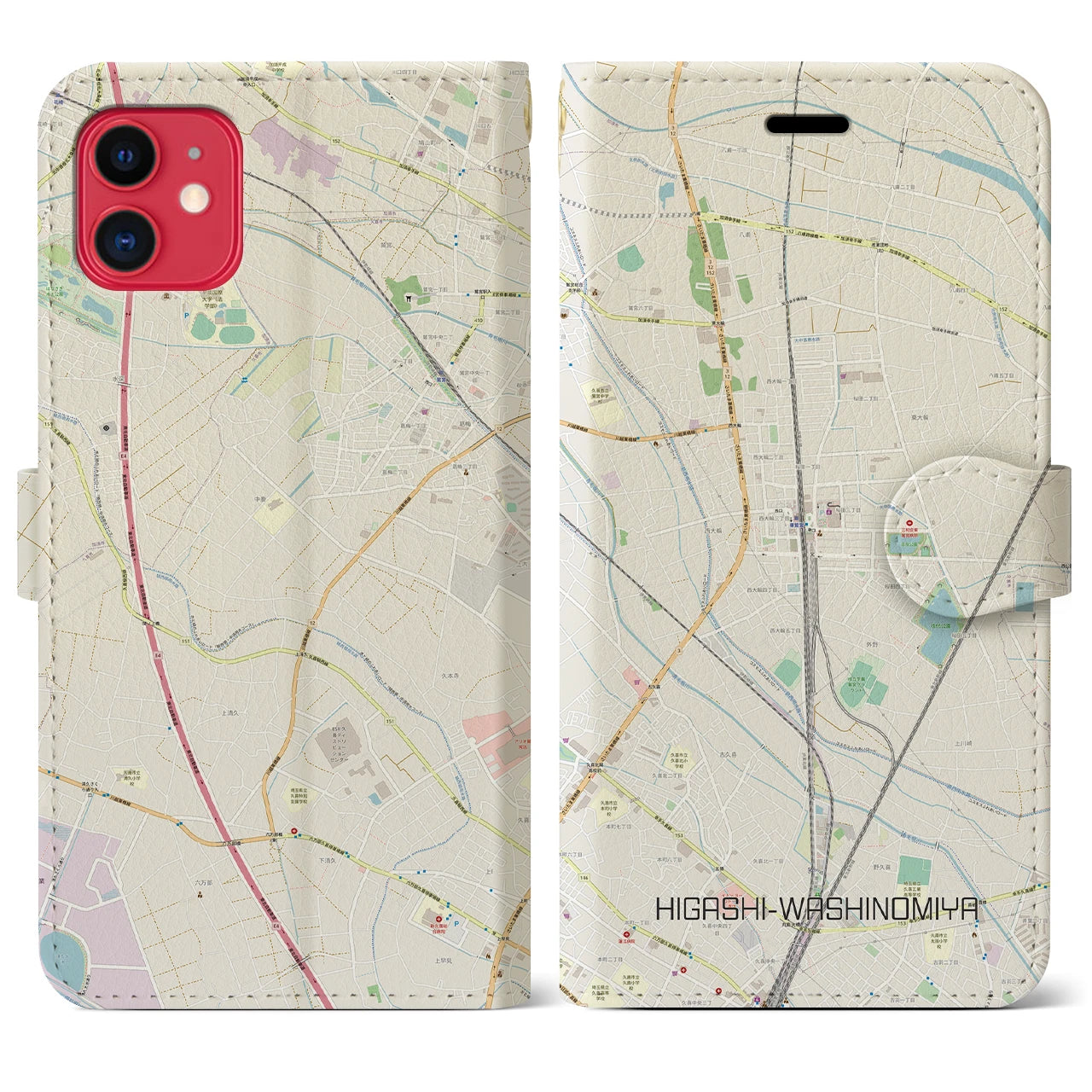 【東鷲宮(埼玉県)】地図柄iPhoneケース(手帳タイプ)ナチュラル・iPhone 11 用