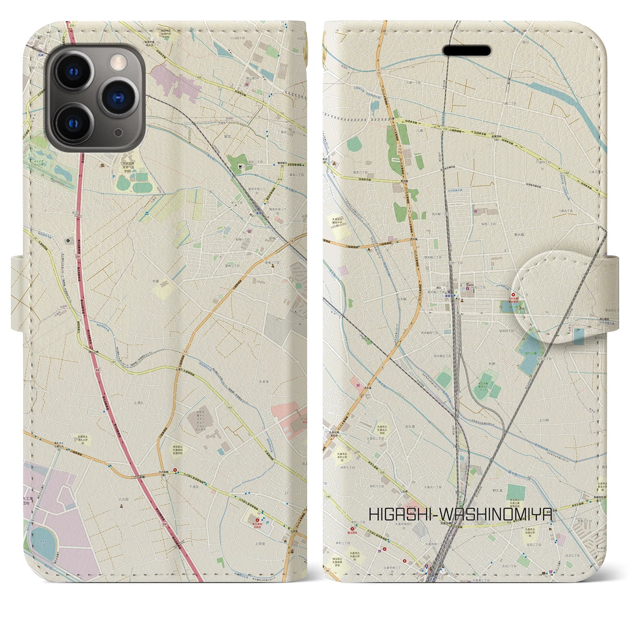 【東鷲宮(埼玉県)】地図柄iPhoneケース(手帳タイプ)ナチュラル・iPhone 11 Pro Max 用