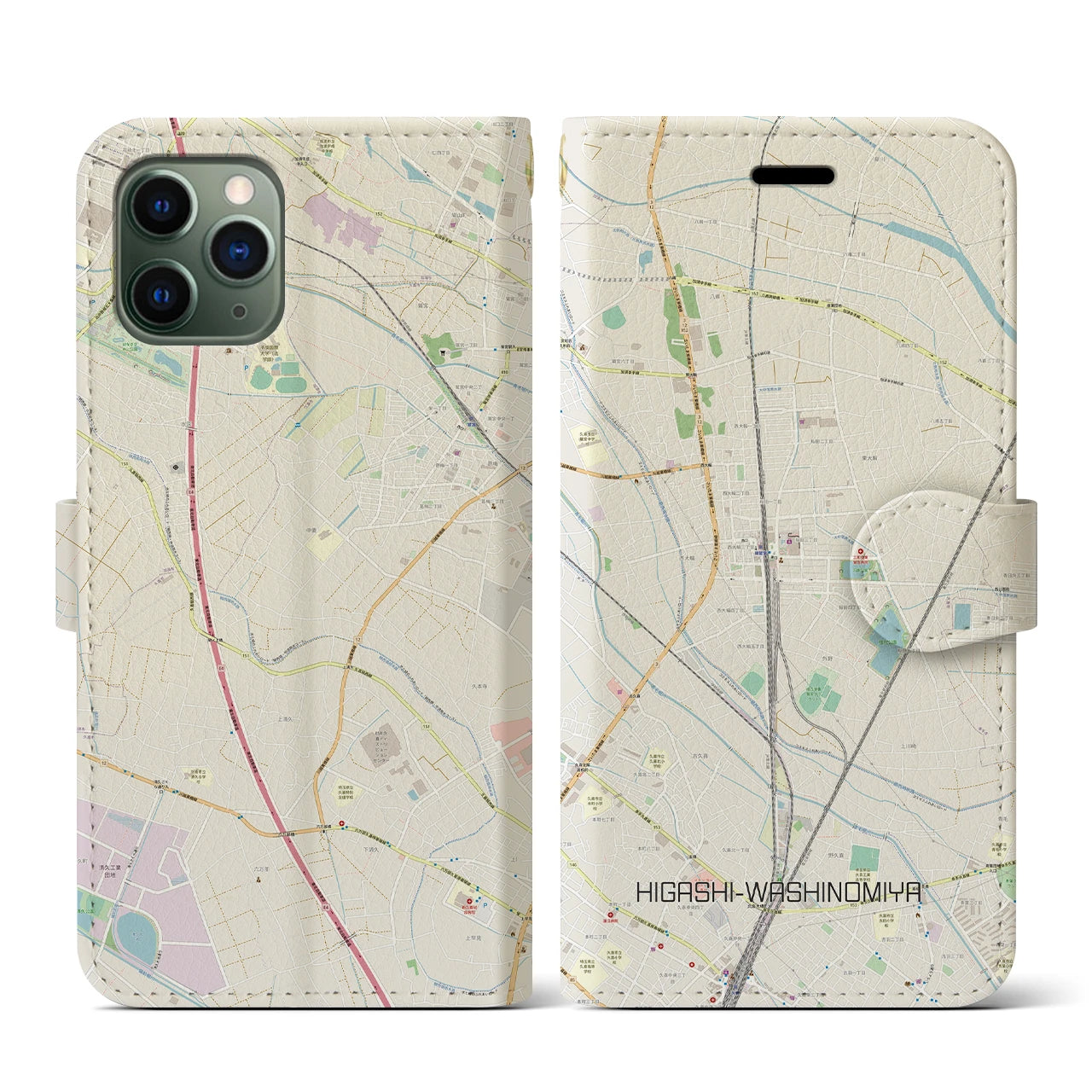 【東鷲宮(埼玉県)】地図柄iPhoneケース(手帳タイプ)ナチュラル・iPhone 11 Pro 用
