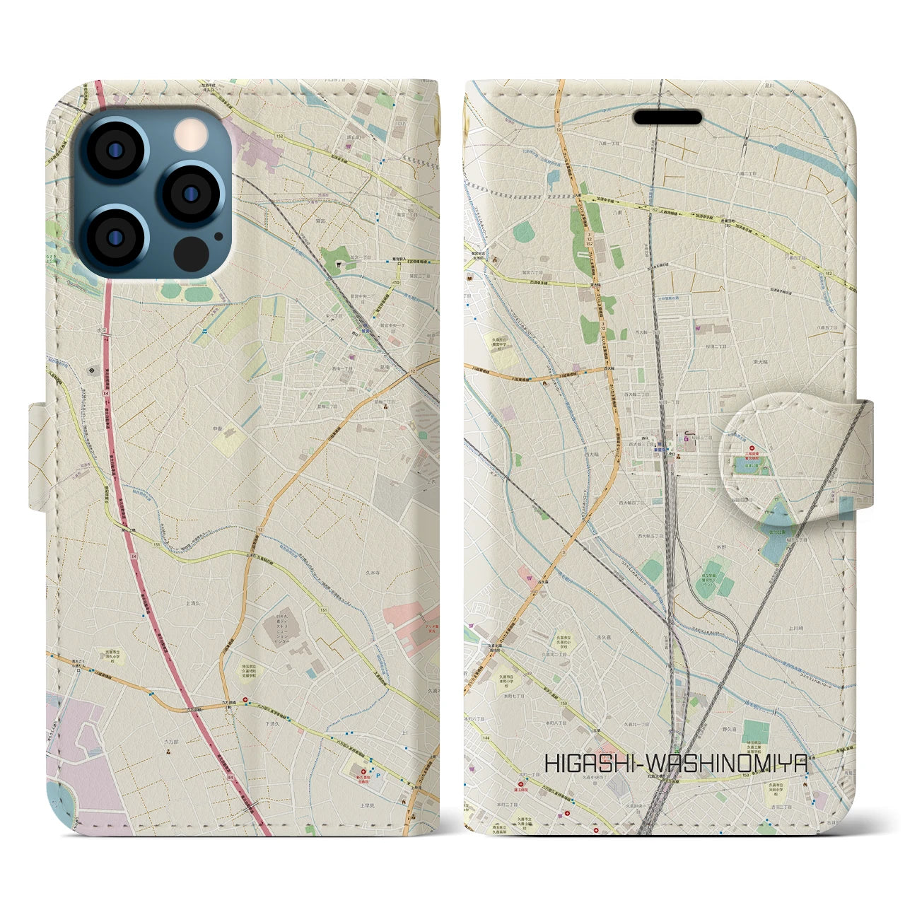 【東鷲宮(埼玉県)】地図柄iPhoneケース(手帳タイプ)ナチュラル・iPhone 12 / 12 Pro 用