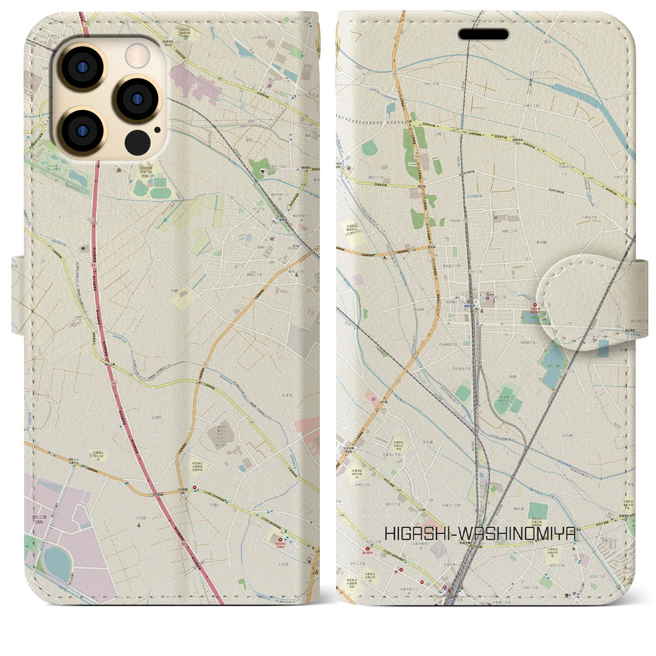 【東鷲宮(埼玉県)】地図柄iPhoneケース(手帳タイプ)ナチュラル・iPhone 12 Pro Max 用
