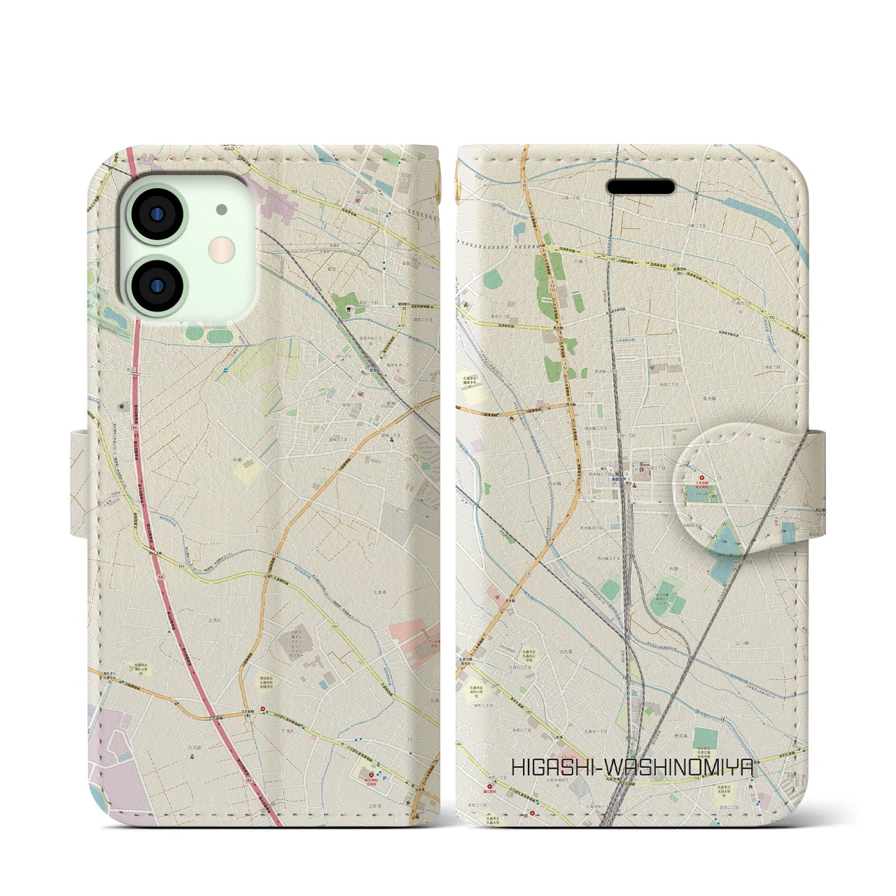 【東鷲宮(埼玉県)】地図柄iPhoneケース(手帳タイプ)ナチュラル・iPhone 12 mini 用