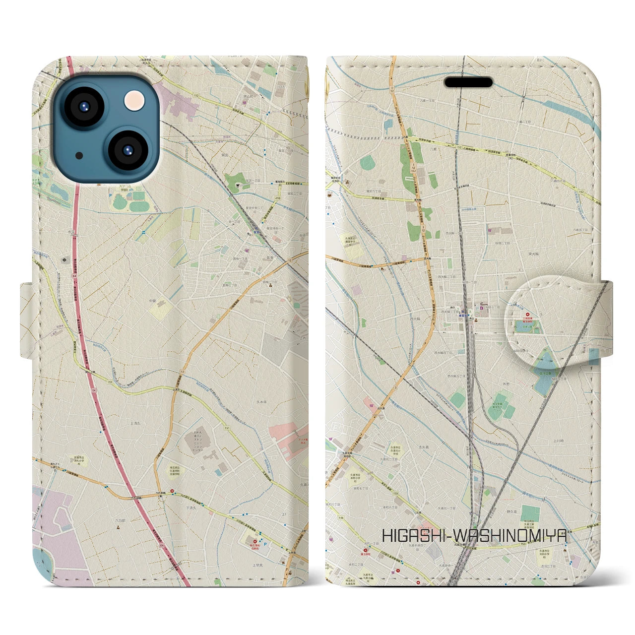【東鷲宮(埼玉県)】地図柄iPhoneケース(手帳タイプ)ナチュラル・iPhone 13 用