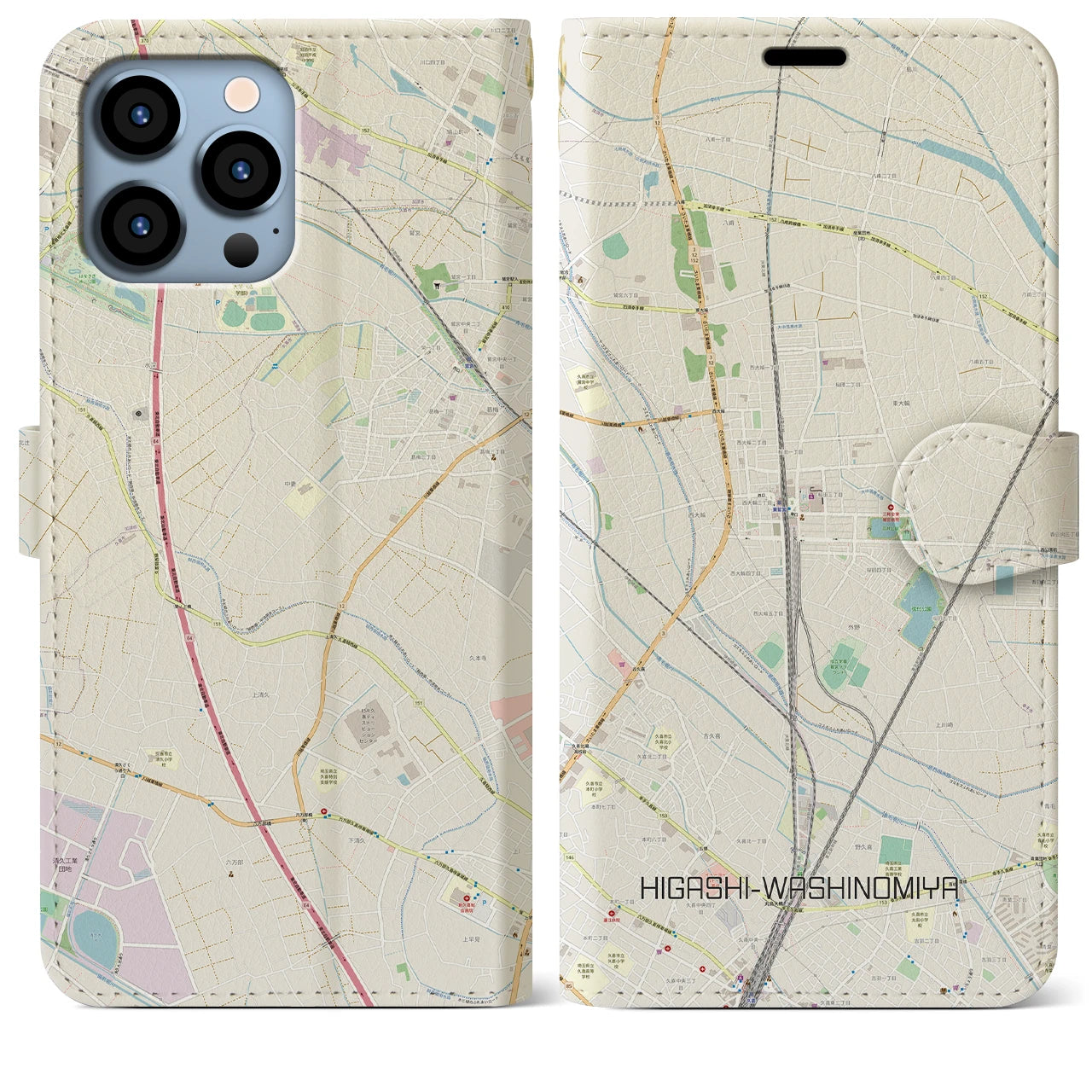 【東鷲宮(埼玉県)】地図柄iPhoneケース(手帳タイプ)ナチュラル・iPhone 13 Pro Max 用