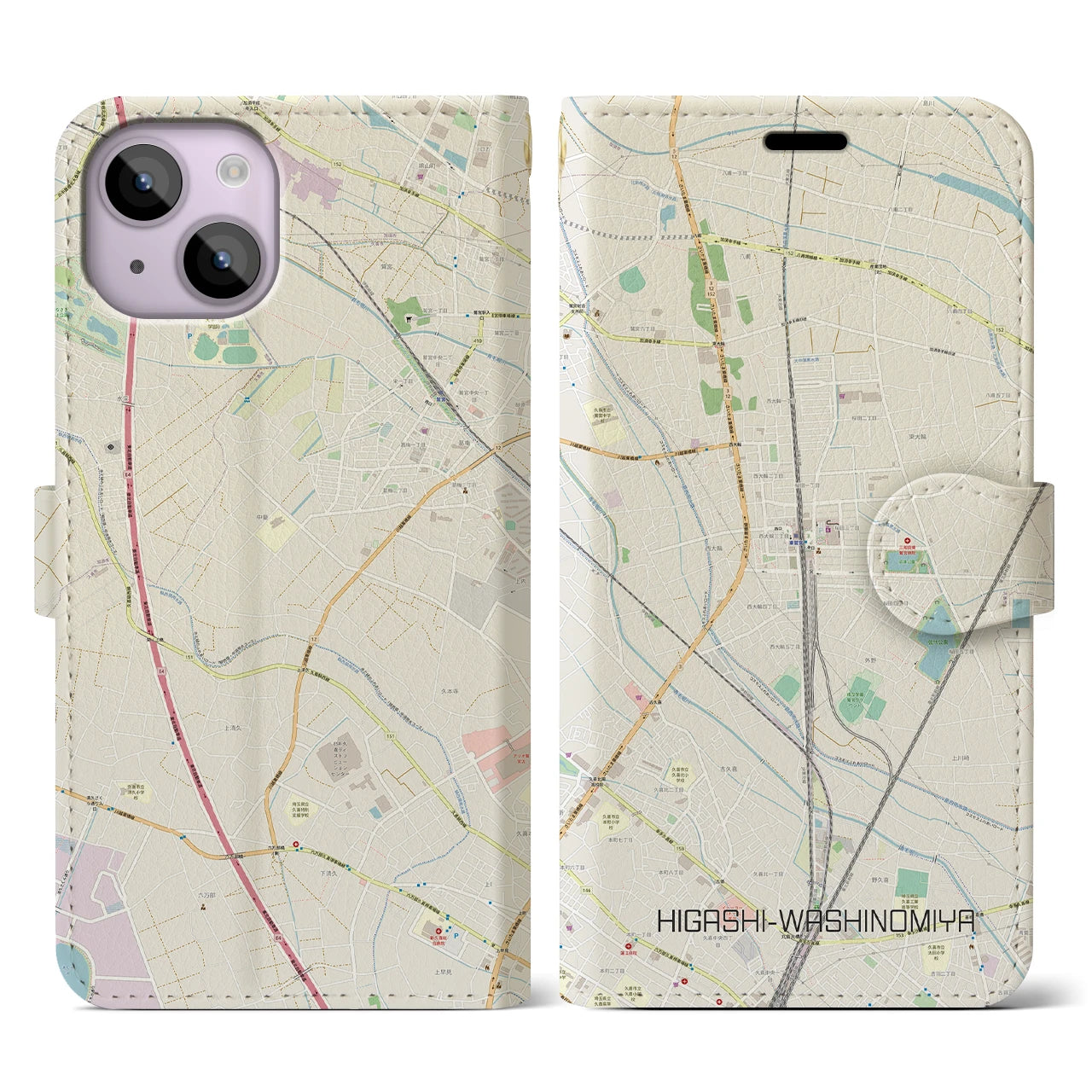 【東鷲宮(埼玉県)】地図柄iPhoneケース(手帳タイプ)ナチュラル・iPhone 14 用
