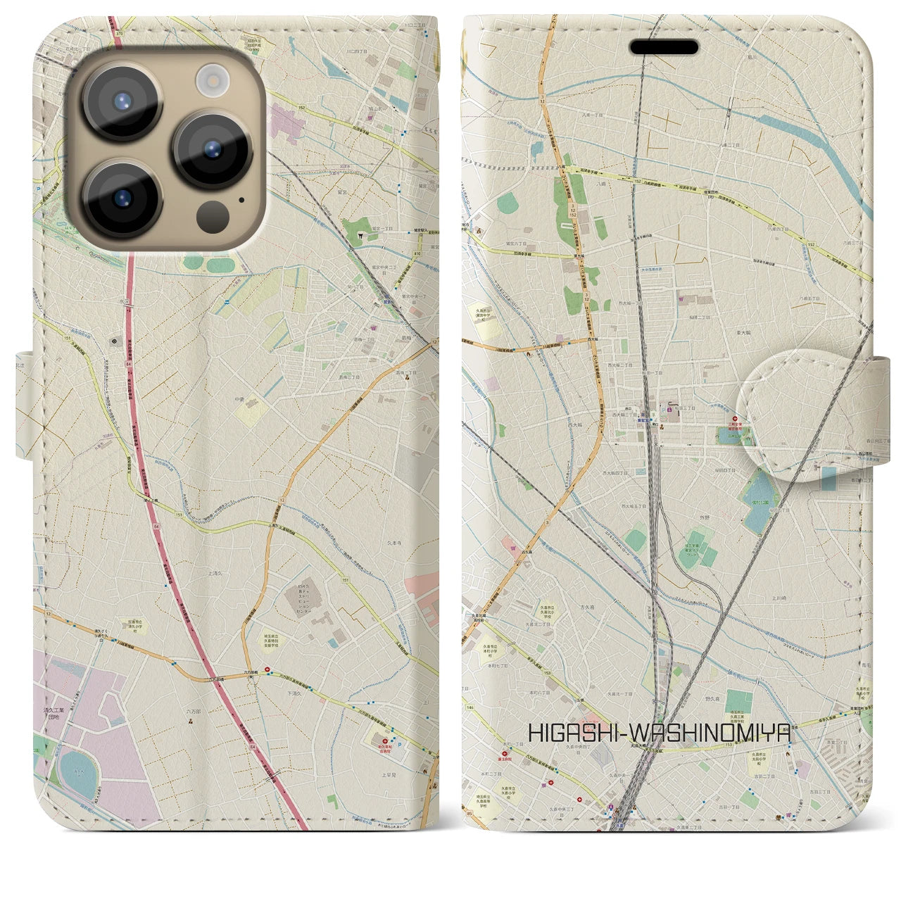 【東鷲宮(埼玉県)】地図柄iPhoneケース(手帳タイプ)ナチュラル・iPhone 14 Pro Max 用