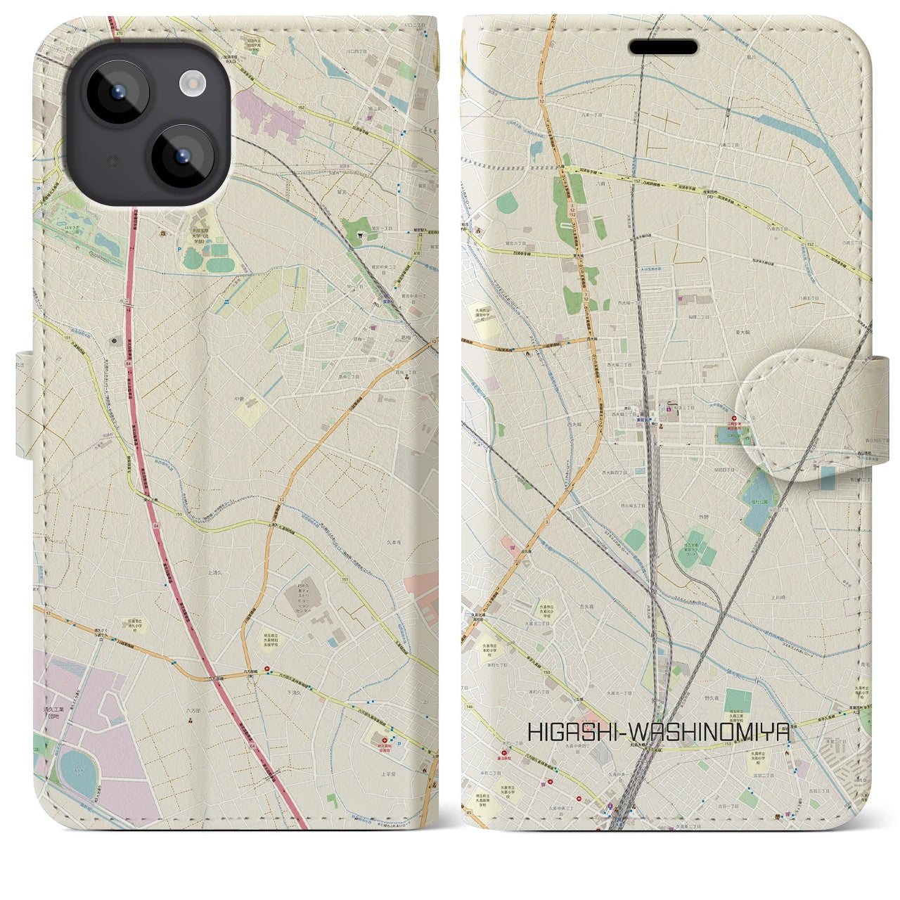 【東鷲宮(埼玉県)】地図柄iPhoneケース(手帳タイプ)ナチュラル・iPhone 14 Plus 用