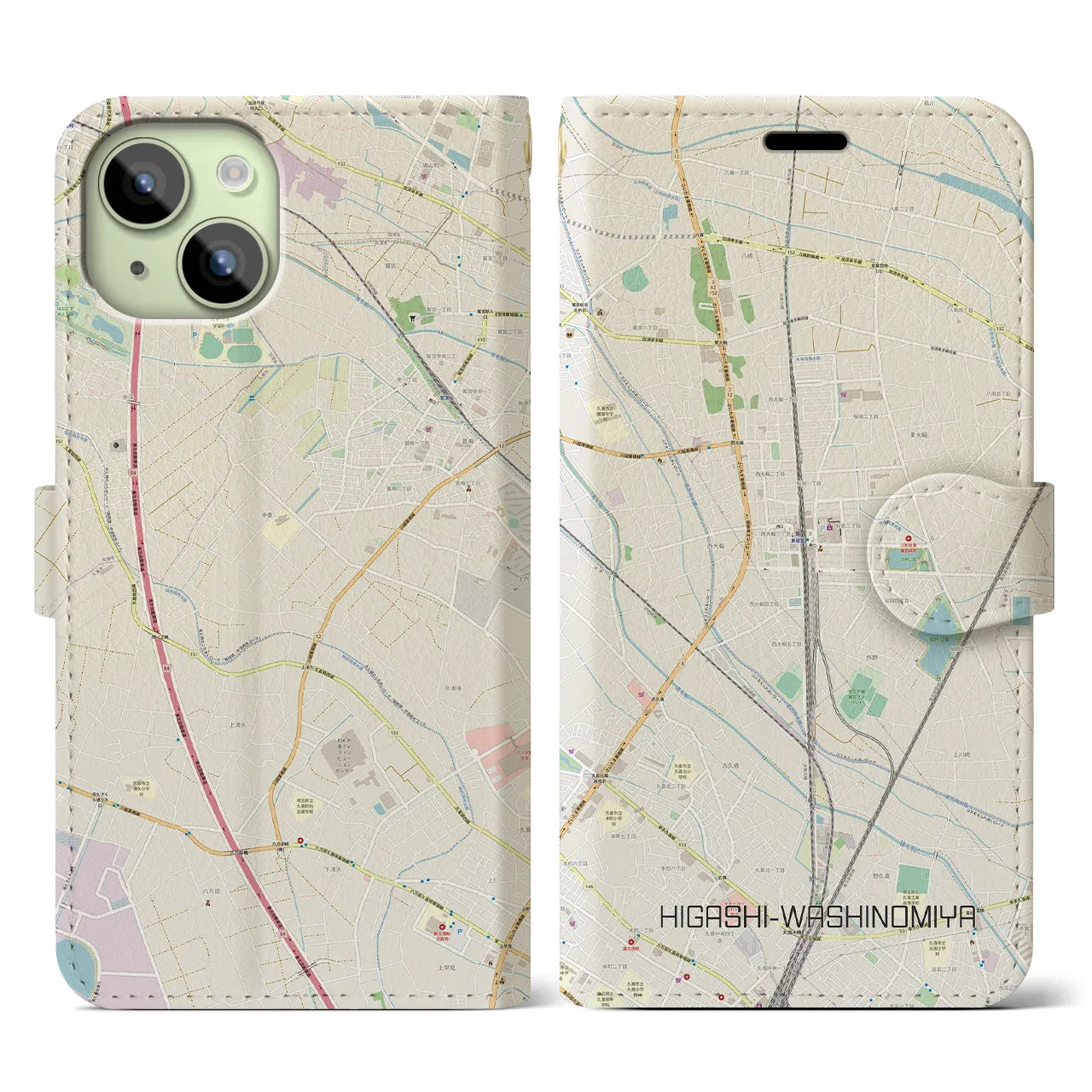 【東鷲宮(埼玉県)】地図柄iPhoneケース(手帳タイプ)ナチュラル・iPhone 15 用