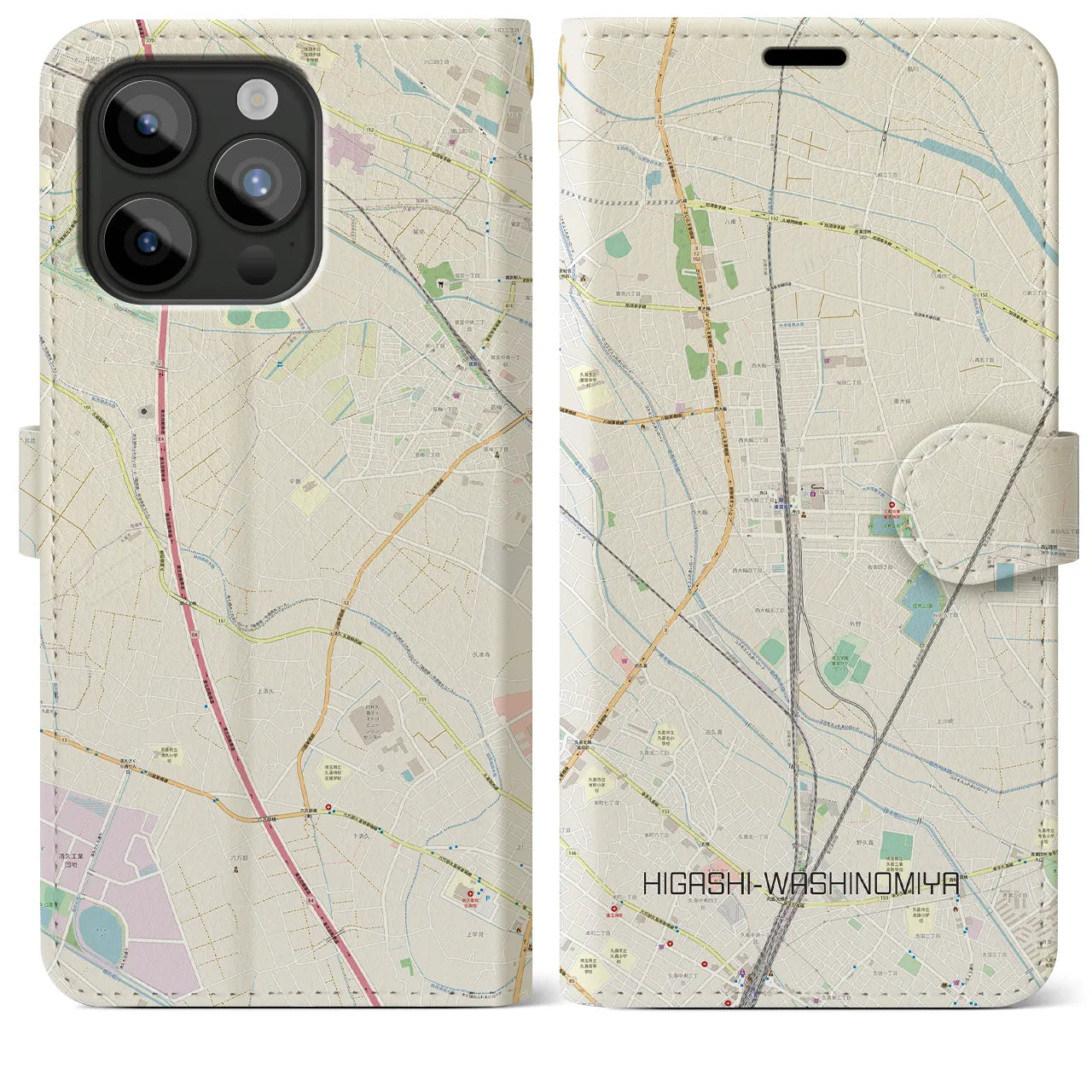 【東鷲宮(埼玉県)】地図柄iPhoneケース(手帳タイプ)ナチュラル・iPhone 15 Pro Max 用