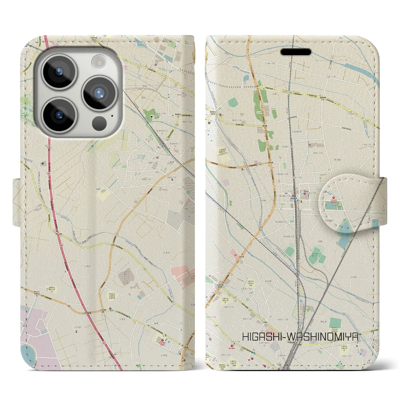 【東鷲宮(埼玉県)】地図柄iPhoneケース(手帳タイプ)ナチュラル・iPhone 15 Pro 用