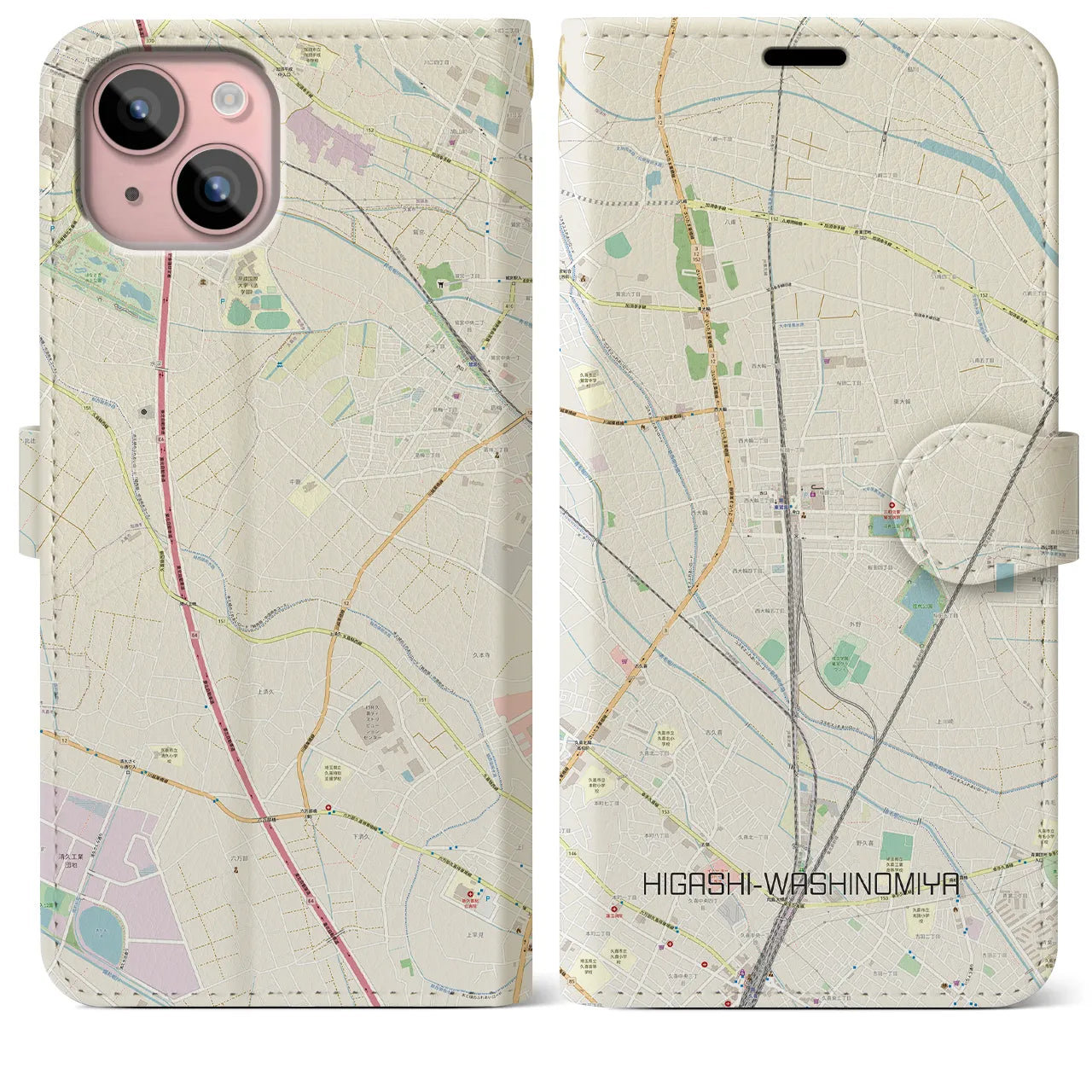 【東鷲宮(埼玉県)】地図柄iPhoneケース(手帳タイプ)ナチュラル・iPhone 15 Plus 用