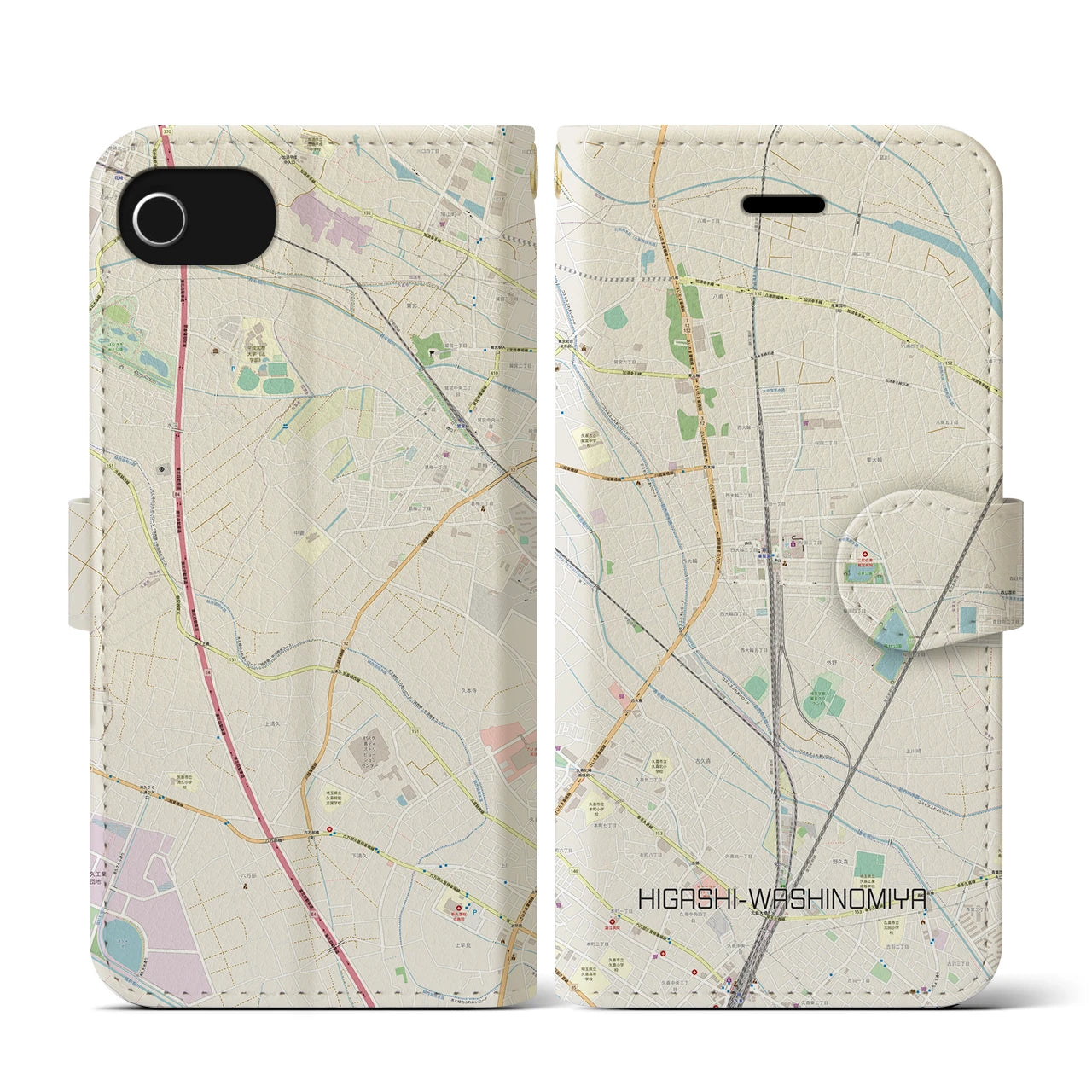 【東鷲宮(埼玉県)】地図柄iPhoneケース(手帳タイプ)ナチュラル・iPhone SE(第3 / 第2世代) / 8 / 7 / 6s / 6 用