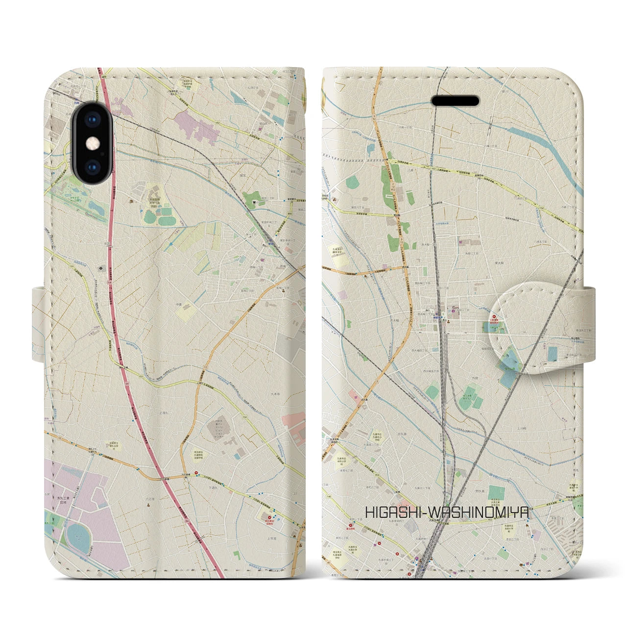 【東鷲宮(埼玉県)】地図柄iPhoneケース(手帳タイプ)ナチュラル・iPhone XS / X 用