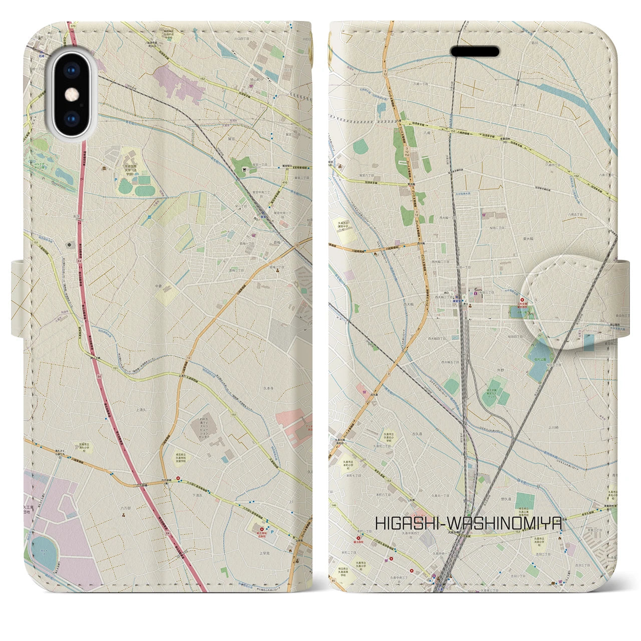 【東鷲宮(埼玉県)】地図柄iPhoneケース(手帳タイプ)ナチュラル・iPhone XS Max 用