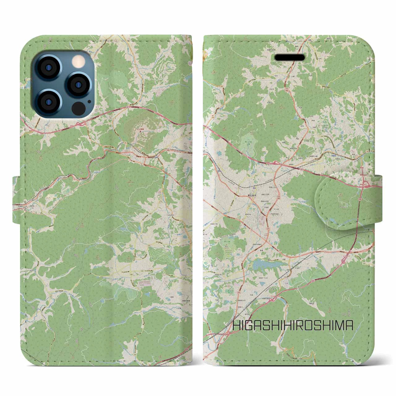 【東広島(広島県)】地図柄iPhoneケース(手帳タイプ)ナチュラル・iPhone 12 / 12 Pro 用