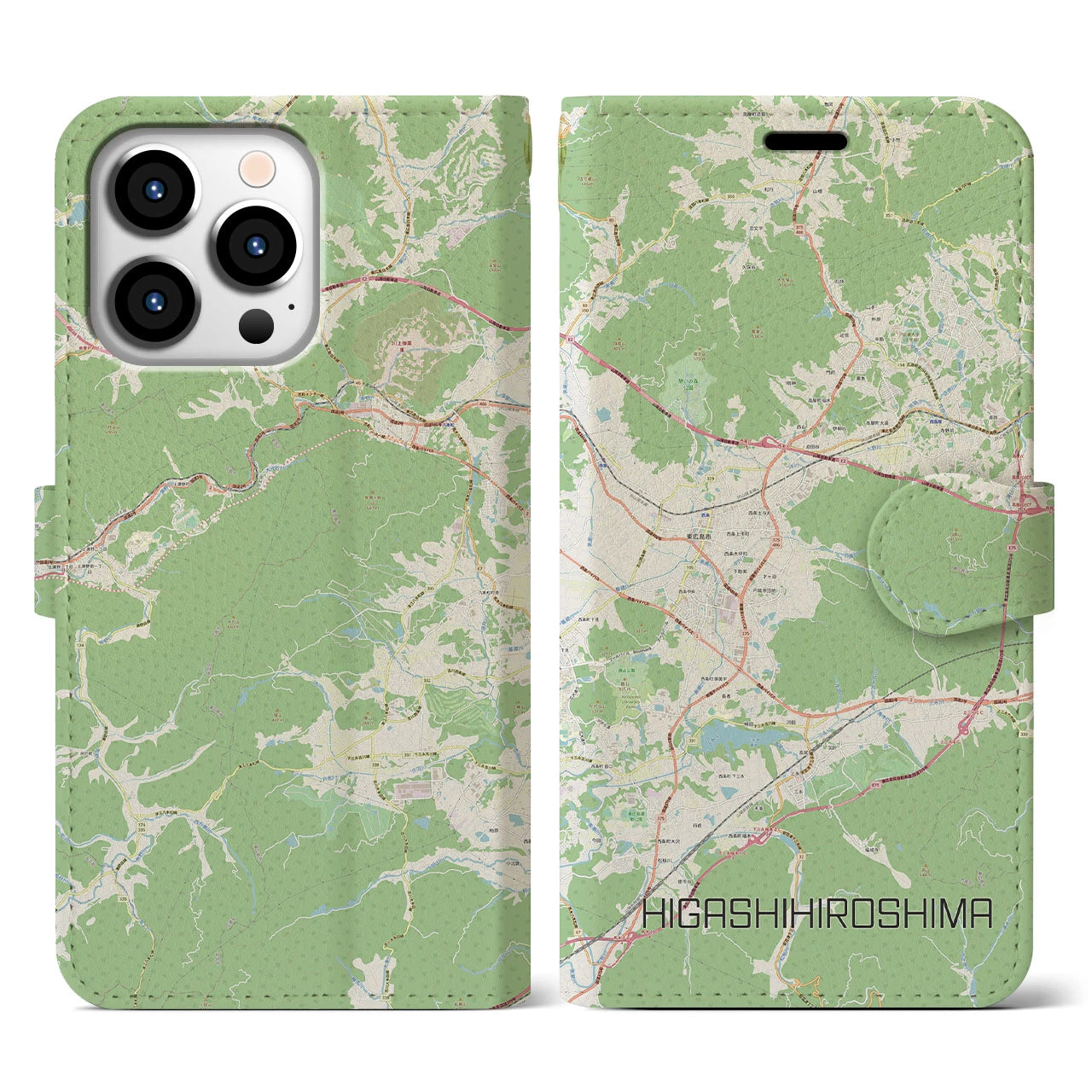 【東広島(広島県)】地図柄iPhoneケース(手帳タイプ)ナチュラル・iPhone 13 Pro 用