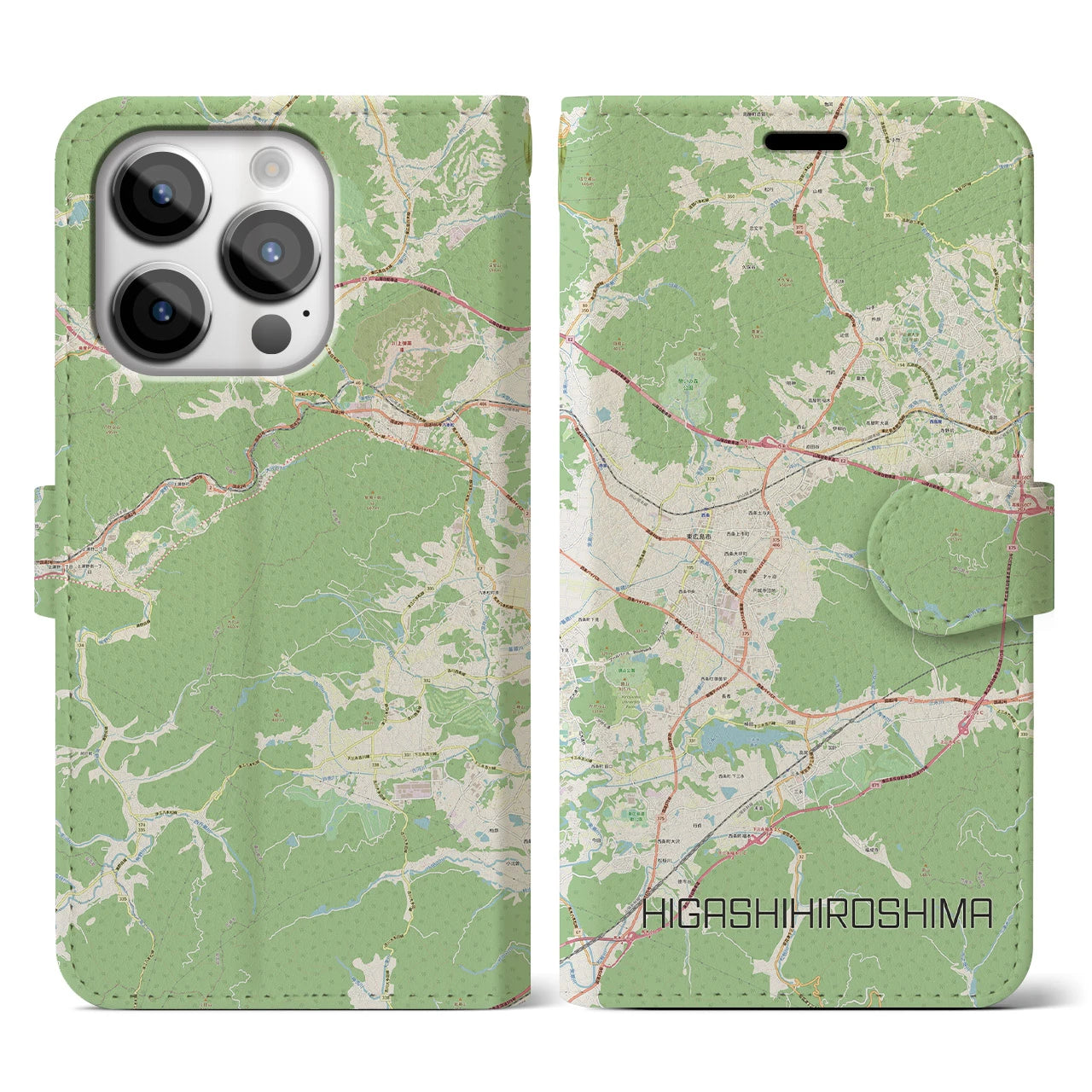 【東広島(広島県)】地図柄iPhoneケース(手帳タイプ)ナチュラル・iPhone 14 Pro 用