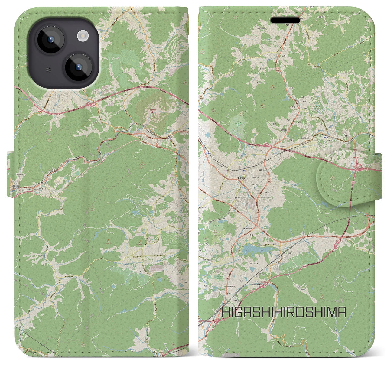 【東広島(広島県)】地図柄iPhoneケース(手帳タイプ)ナチュラル・iPhone 14 Plus 用