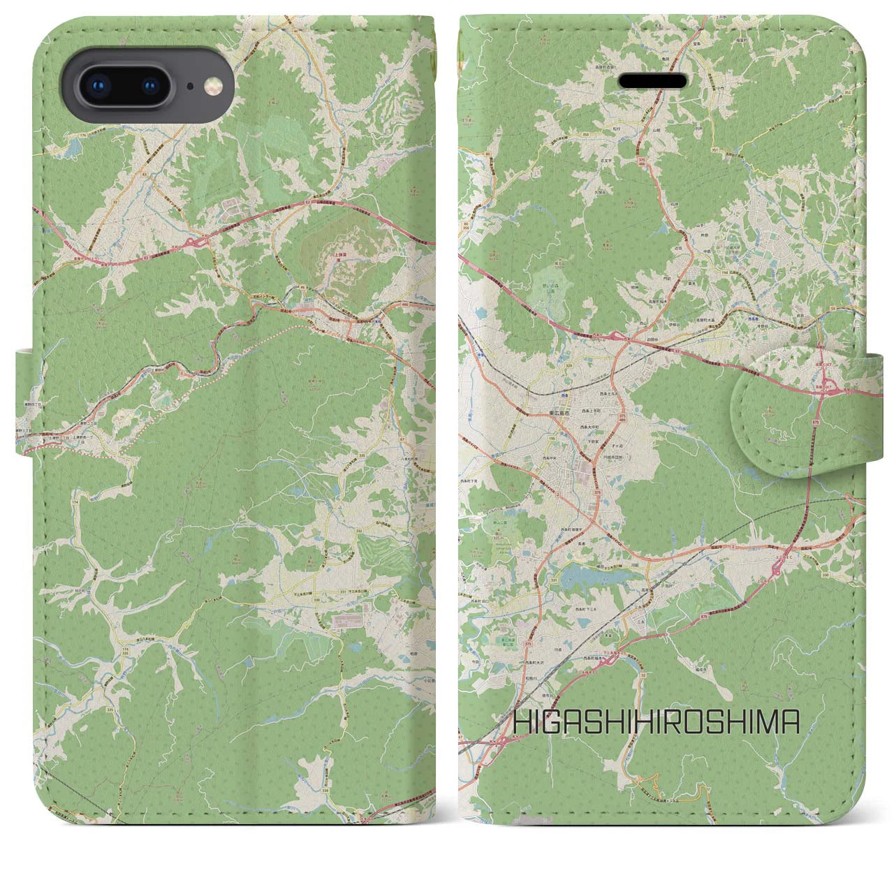 【東広島(広島県)】地図柄iPhoneケース(手帳タイプ)ナチュラル・iPhone 8Plus /7Plus / 6sPlus / 6Plus 用