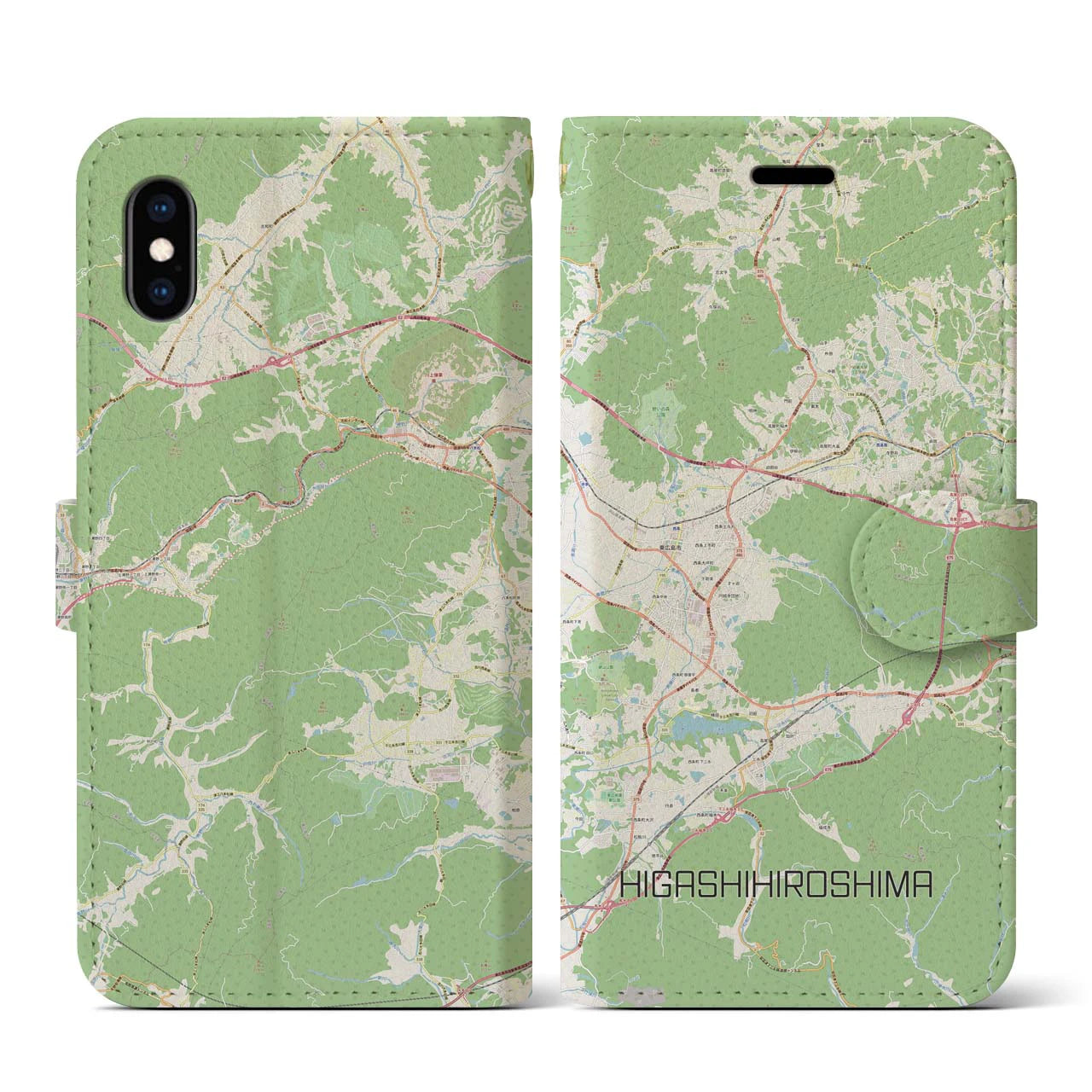 【東広島(広島県)】地図柄iPhoneケース(手帳タイプ)ナチュラル・iPhone XS / X 用