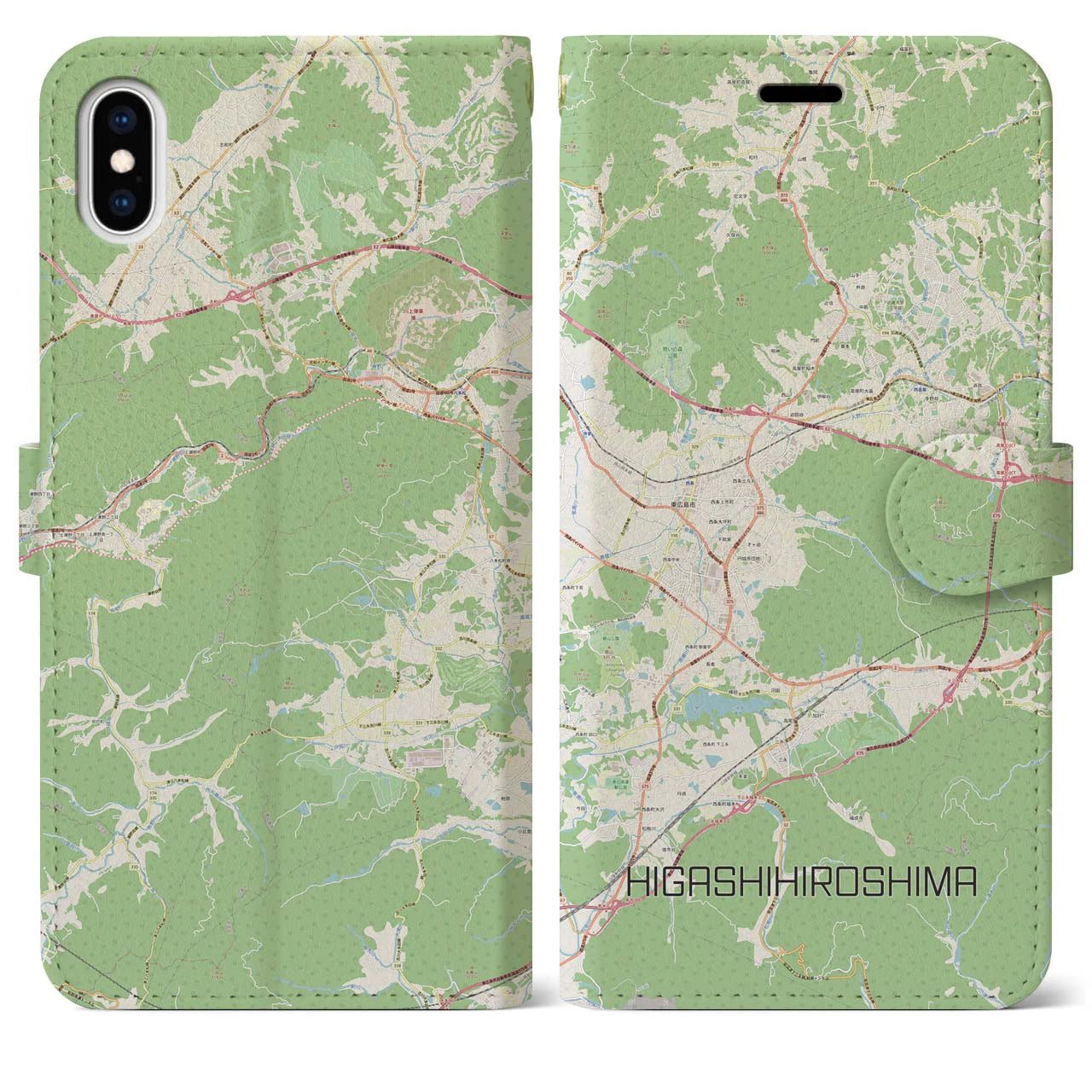 【東広島(広島県)】地図柄iPhoneケース(手帳タイプ)ナチュラル・iPhone XS Max 用