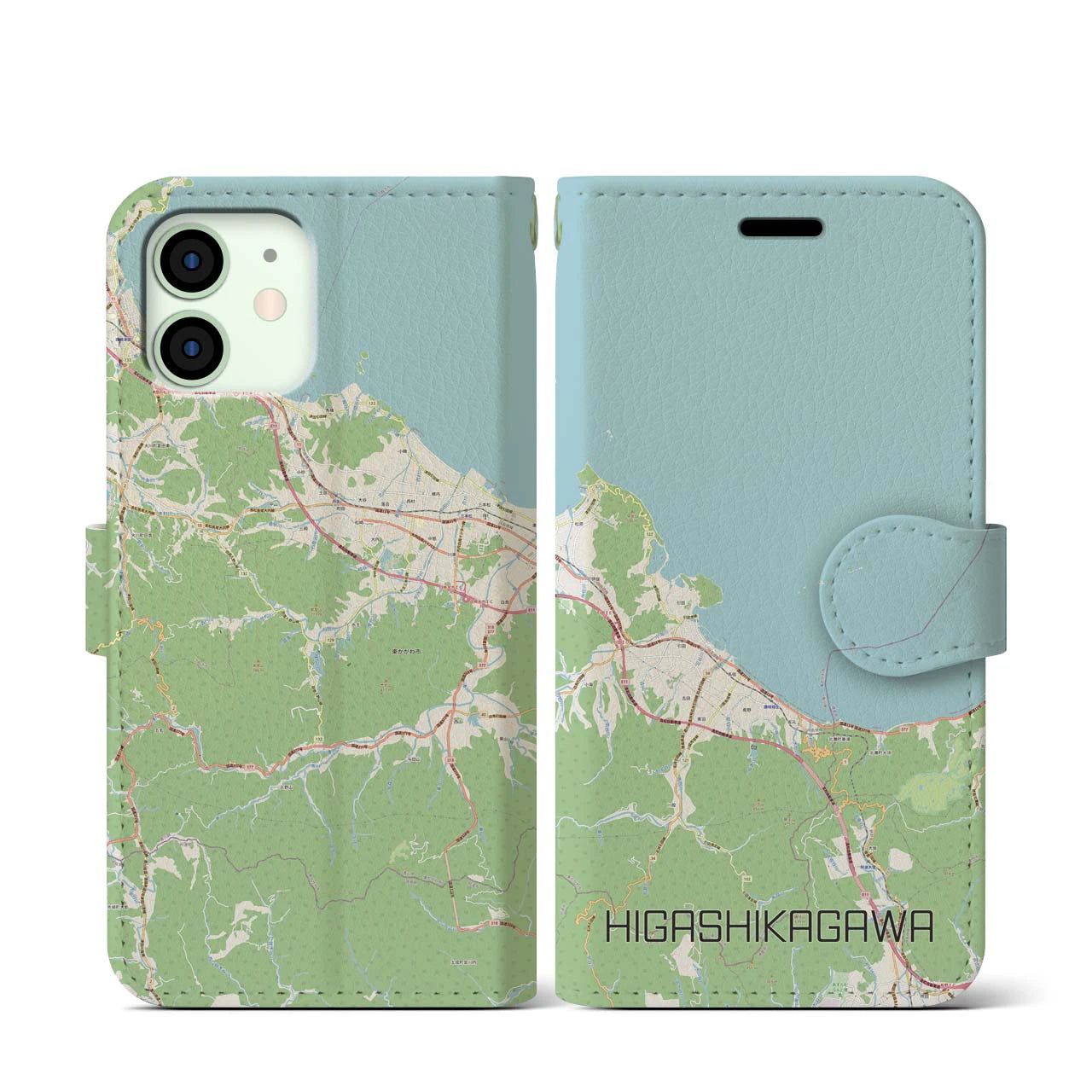 【東かがわ(香川県)】地図柄iPhoneケース(手帳タイプ)ナチュラル・iPhone 12 mini 用