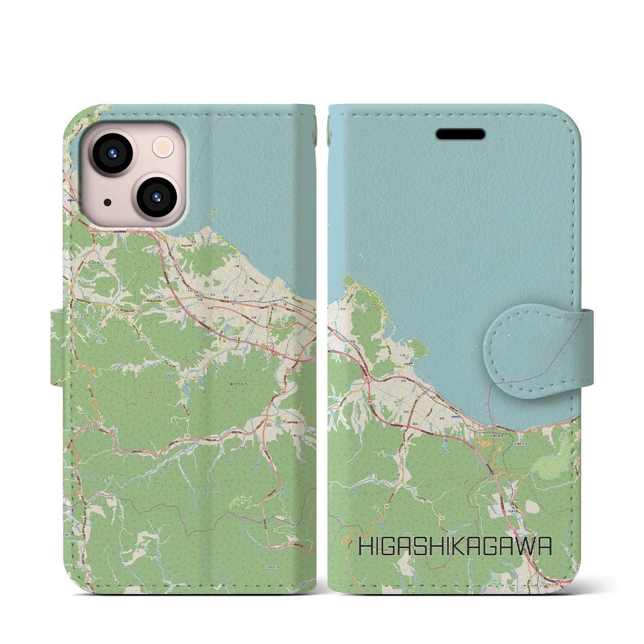 【東かがわ(香川県)】地図柄iPhoneケース(手帳タイプ)ナチュラル・iPhone 13 mini 用