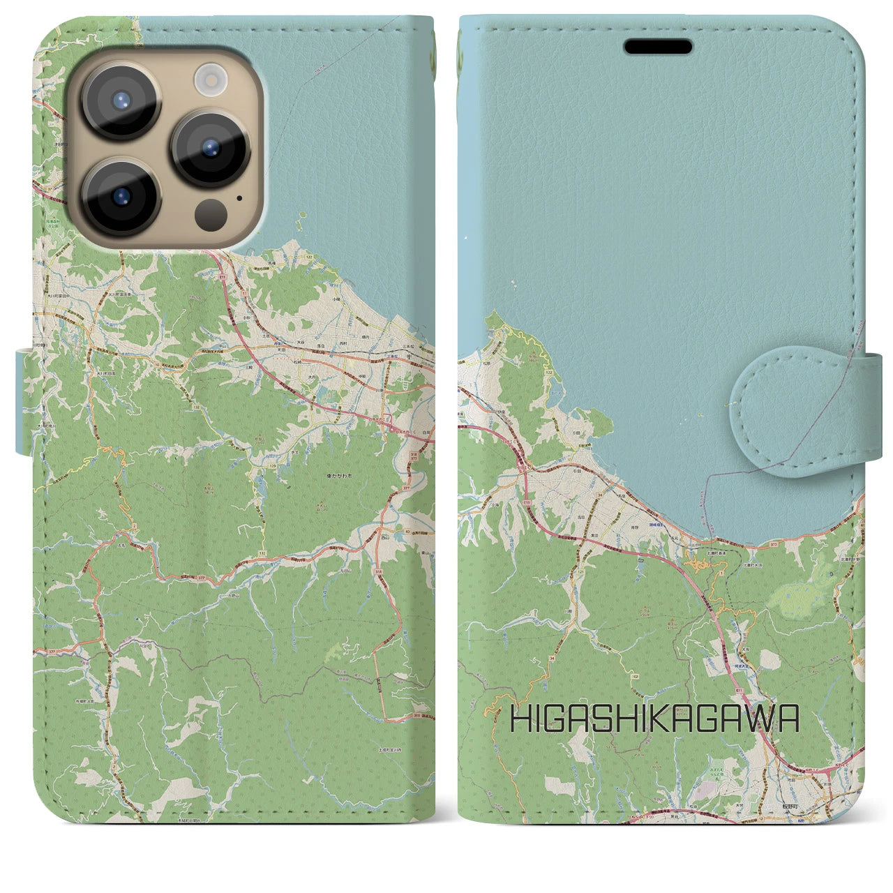【東かがわ(香川県)】地図柄iPhoneケース(手帳タイプ)ナチュラル・iPhone 14 Pro Max 用