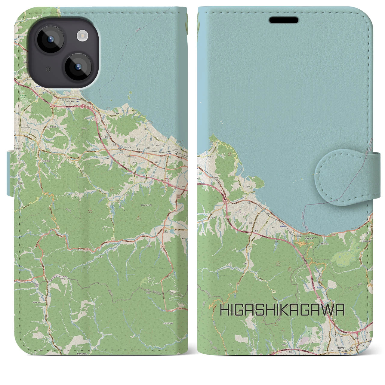 【東かがわ(香川県)】地図柄iPhoneケース(手帳タイプ)ナチュラル・iPhone 14 Plus 用