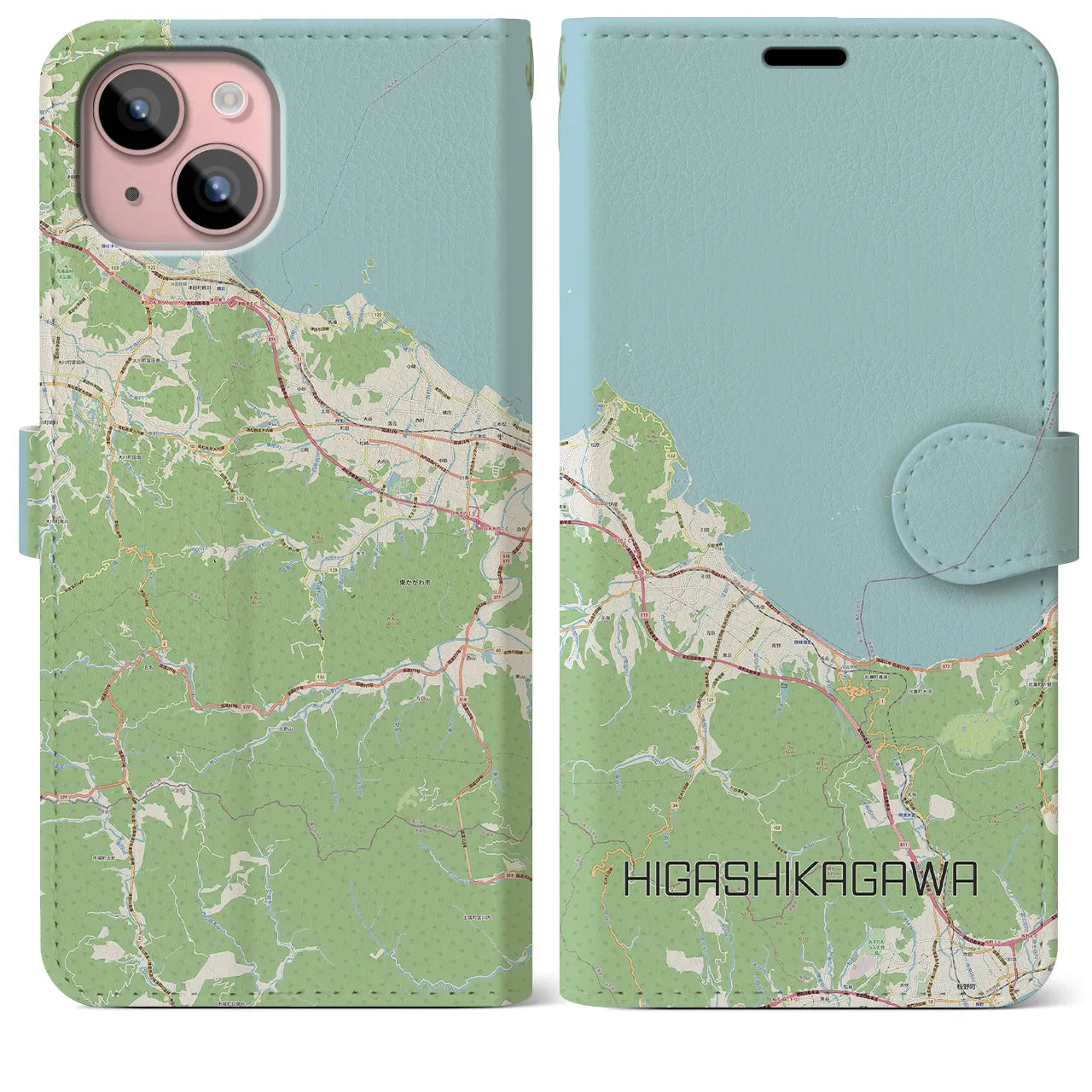 【東かがわ(香川県)】地図柄iPhoneケース(手帳タイプ)ナチュラル・iPhone 15 Plus 用