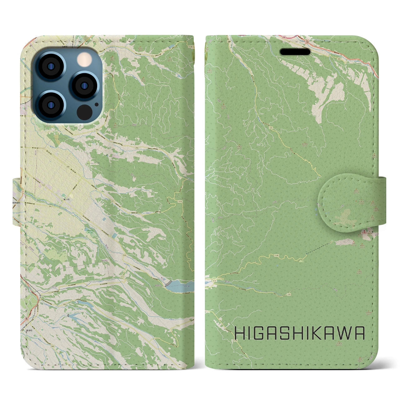 【東川(北海道)】地図柄iPhoneケース(手帳タイプ)ナチュラル・iPhone 12 / 12 Pro 用