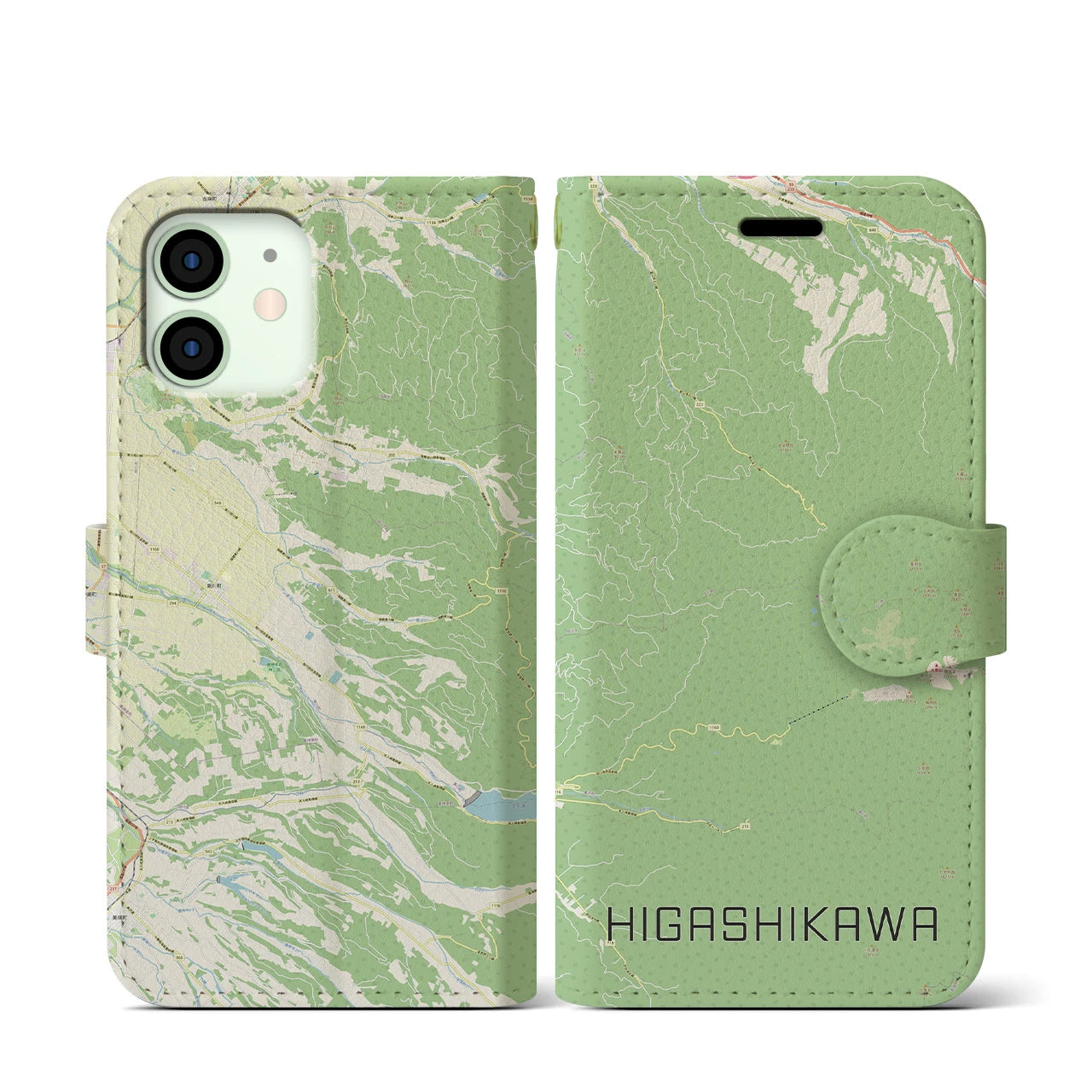 【東川(北海道)】地図柄iPhoneケース(手帳タイプ)ナチュラル・iPhone 12 mini 用