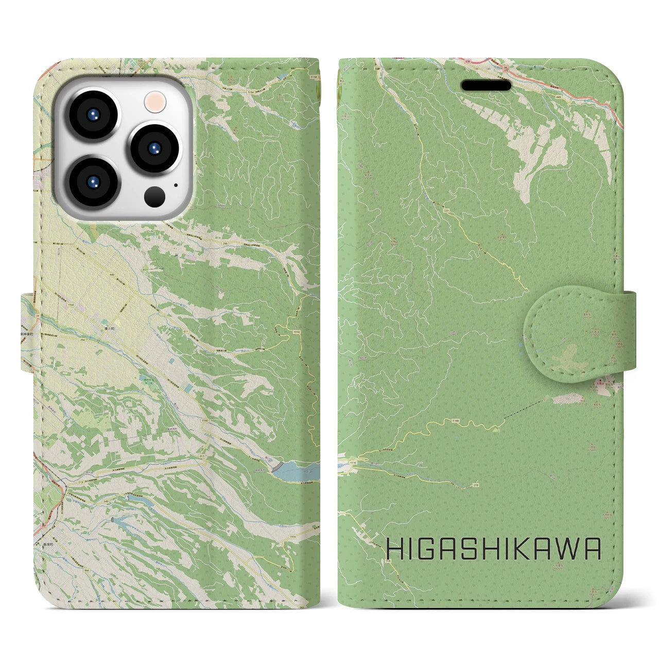 【東川(北海道)】地図柄iPhoneケース(手帳タイプ)ナチュラル・iPhone 13 Pro 用