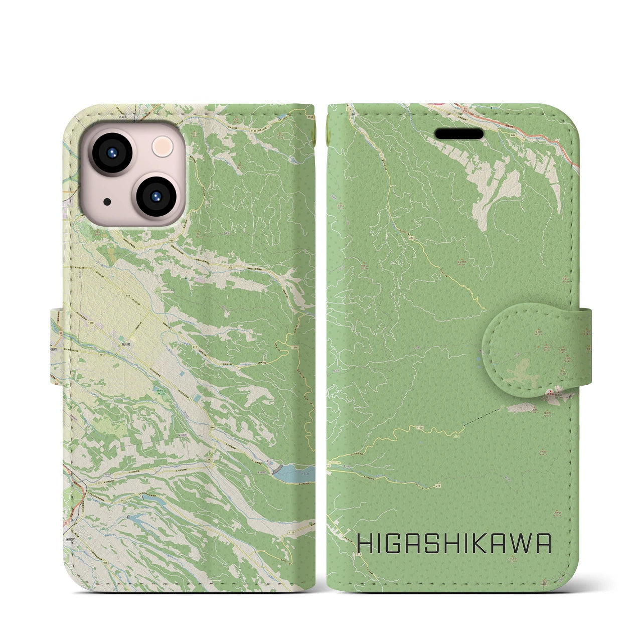 【東川(北海道)】地図柄iPhoneケース(手帳タイプ)ナチュラル・iPhone 13 mini 用