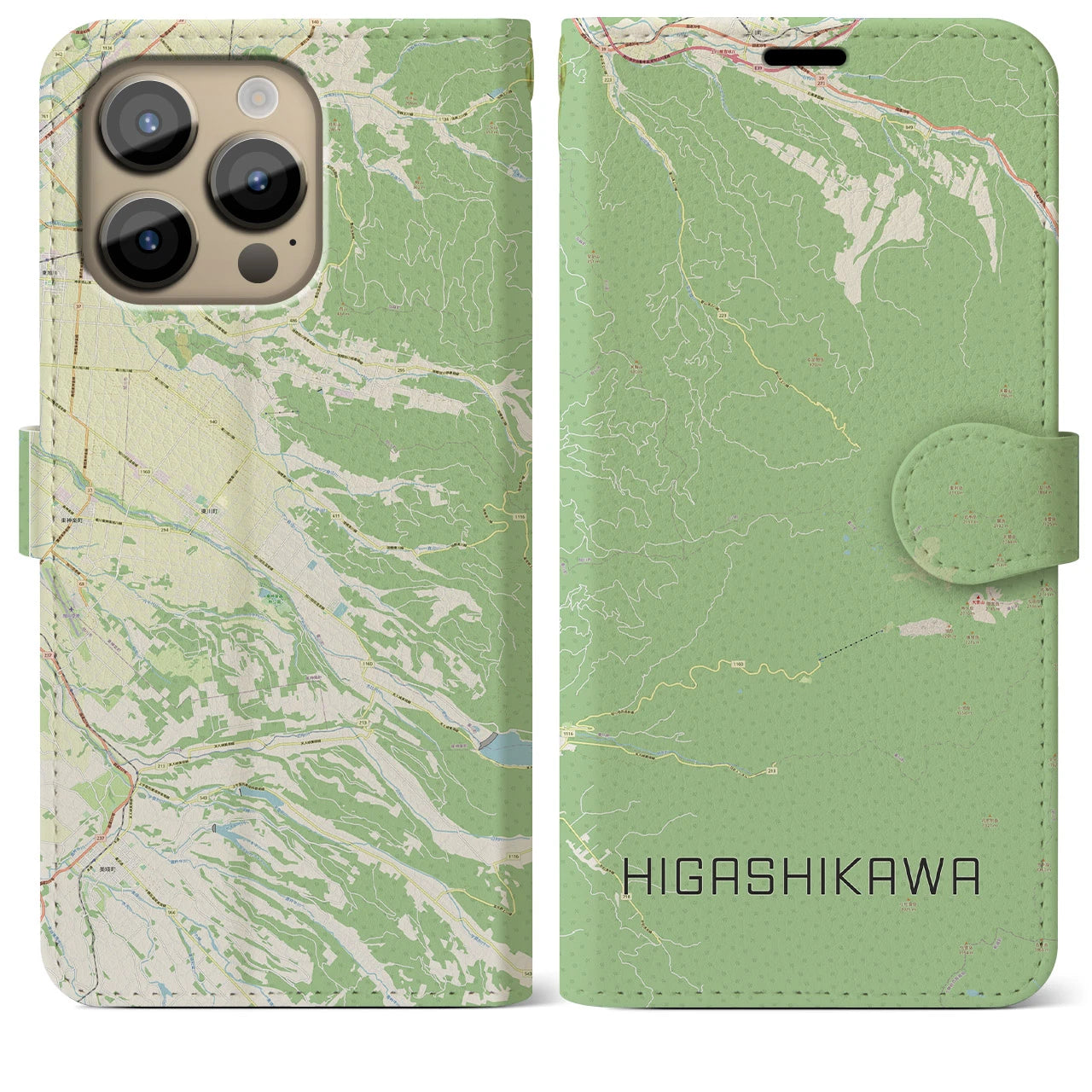 【東川(北海道)】地図柄iPhoneケース(手帳タイプ)ナチュラル・iPhone 14 Pro Max 用