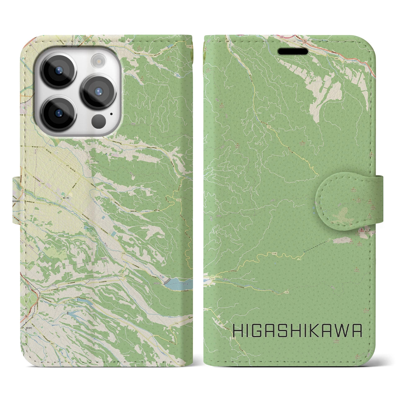 【東川(北海道)】地図柄iPhoneケース(手帳タイプ)ナチュラル・iPhone 14 Pro 用