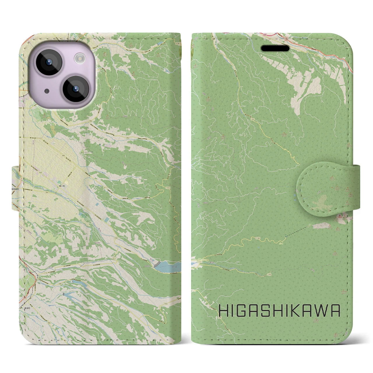 【東川(北海道)】地図柄iPhoneケース(手帳タイプ)ナチュラル・iPhone 14 用