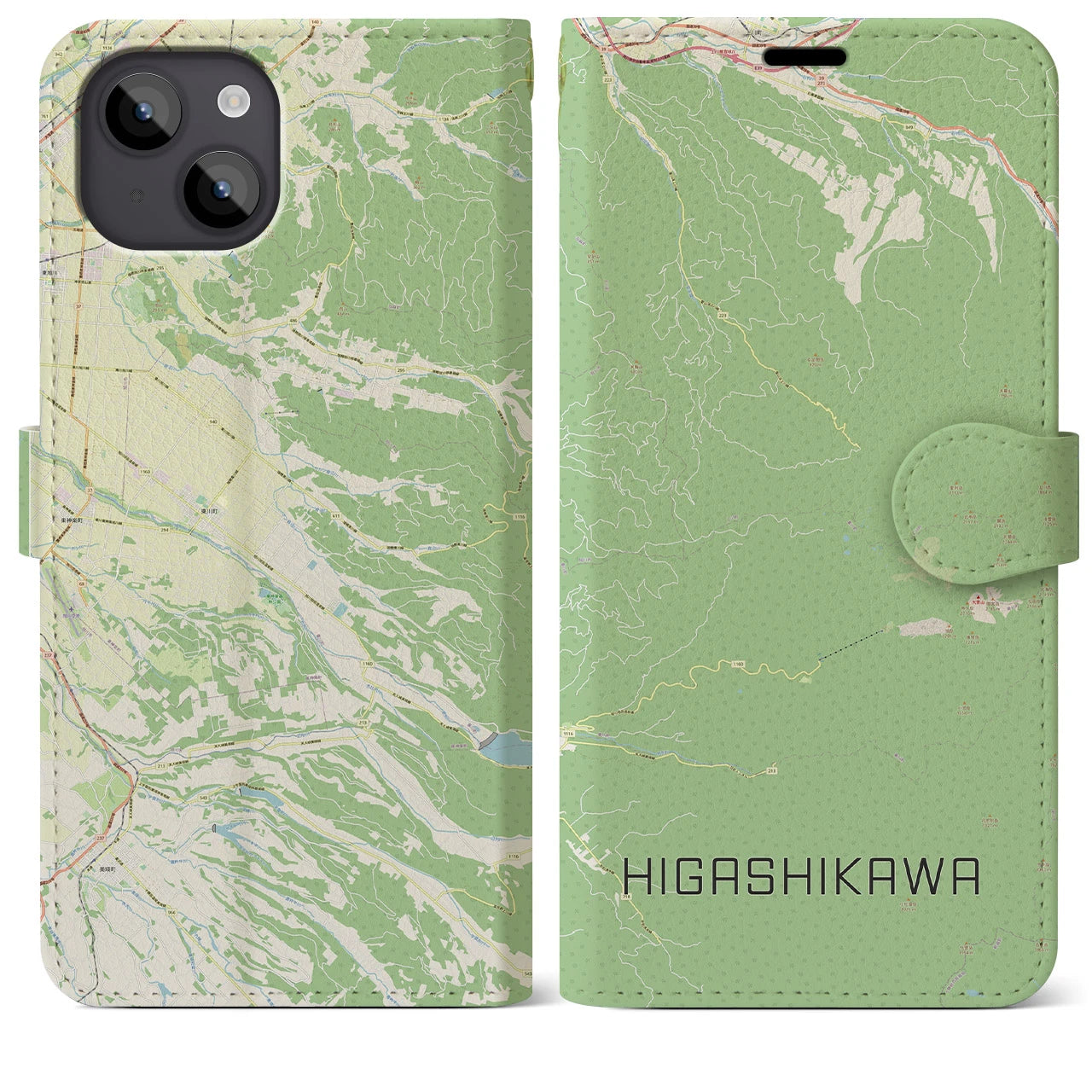 【東川(北海道)】地図柄iPhoneケース(手帳タイプ)ナチュラル・iPhone 14 Plus 用
