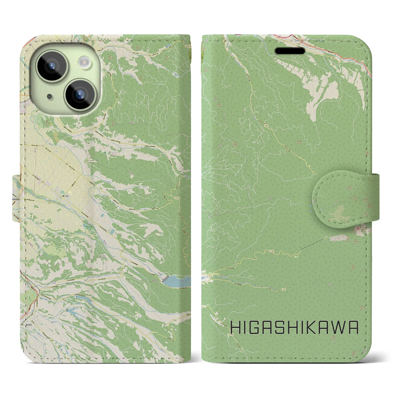 【東川(北海道)】地図柄iPhoneケース(手帳タイプ)ナチュラル・iPhone 15 用