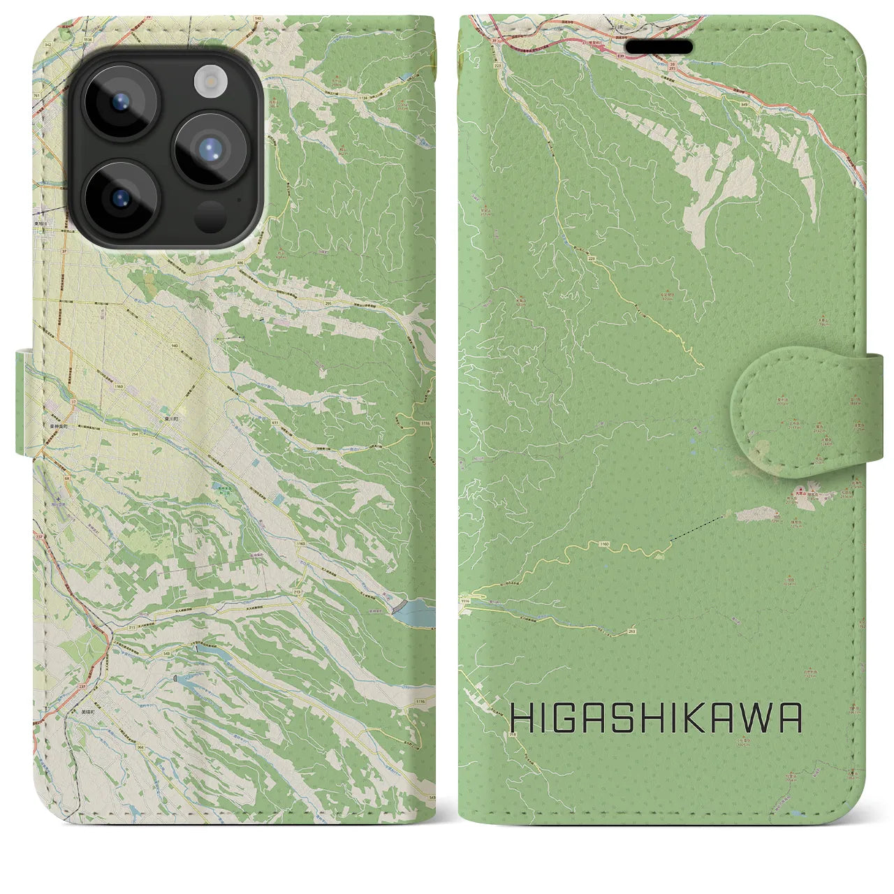 【東川(北海道)】地図柄iPhoneケース(手帳タイプ)ナチュラル・iPhone 15 Pro Max 用
